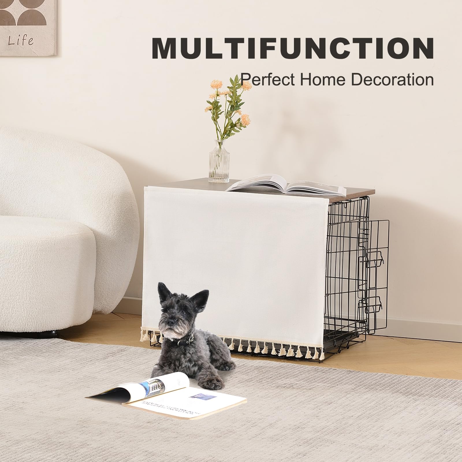 VIE DE AMAN Dog Crate Topper, Rustic Brown Wooden Table Topper for 30 inch Cages, Model A-DCT, Includes Tassel Curtain