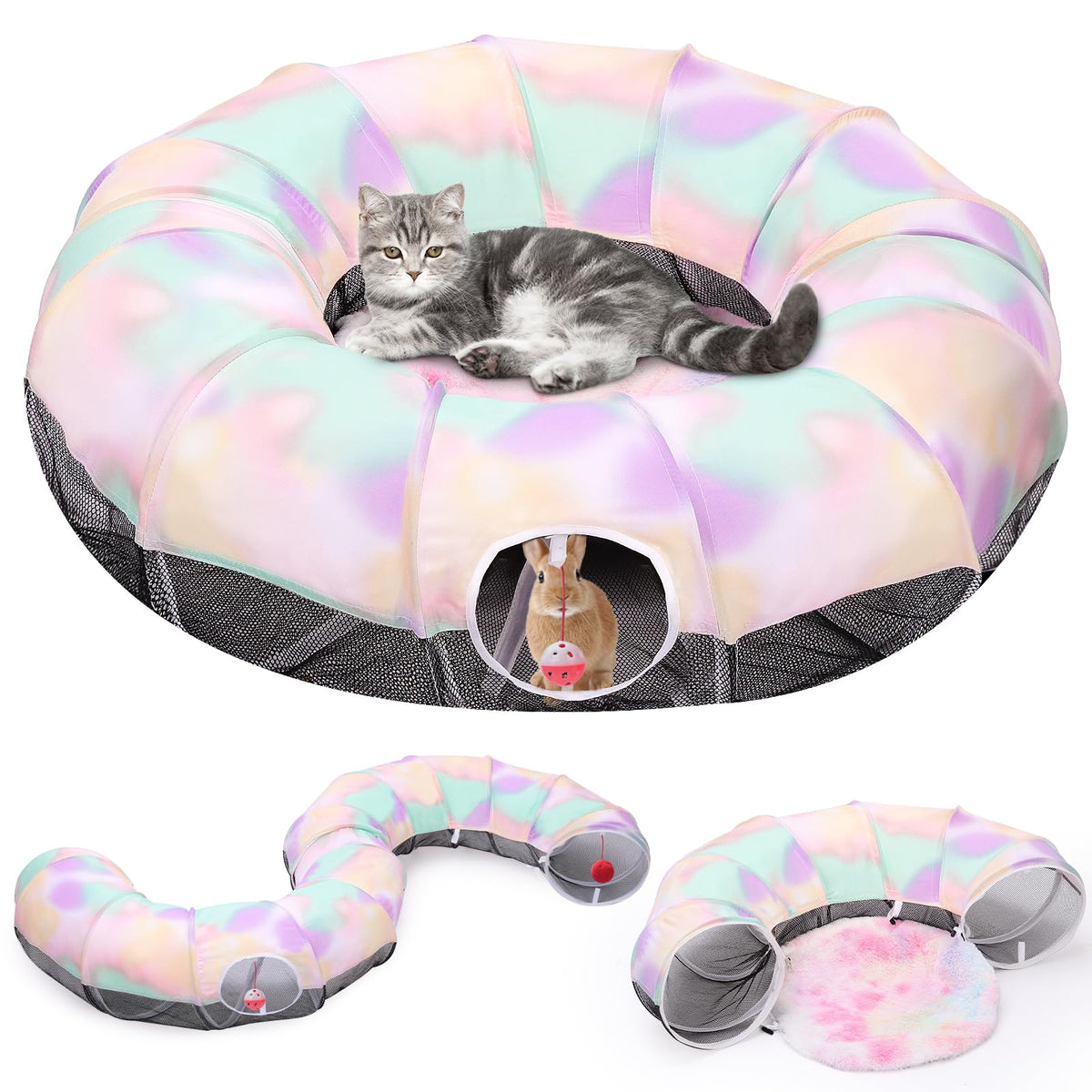 Pawaboo Cat Tunnel With Cat Bed, Spliceable Design, Cool Gradient, Fun Balls, Spacious 35.4In Diameter, Foldable And Lightweight