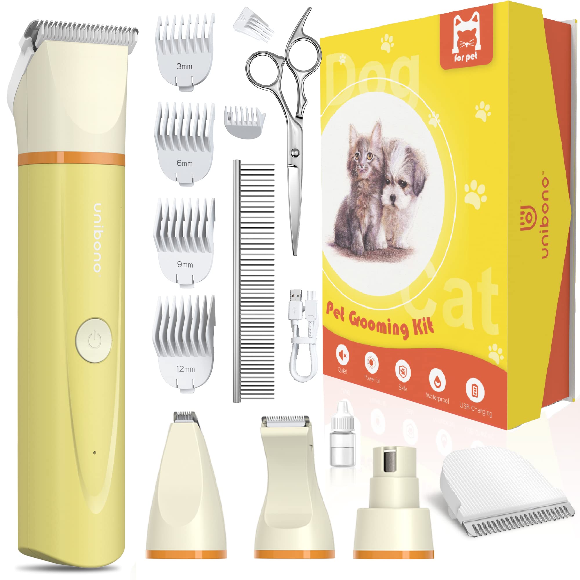 Unibono Dog Grooming Clippers Kit,Heavy Duty Rechargeable Low Noise Paw Trimmer Electric Pet Hair Shaver For Dogs Cats And Other