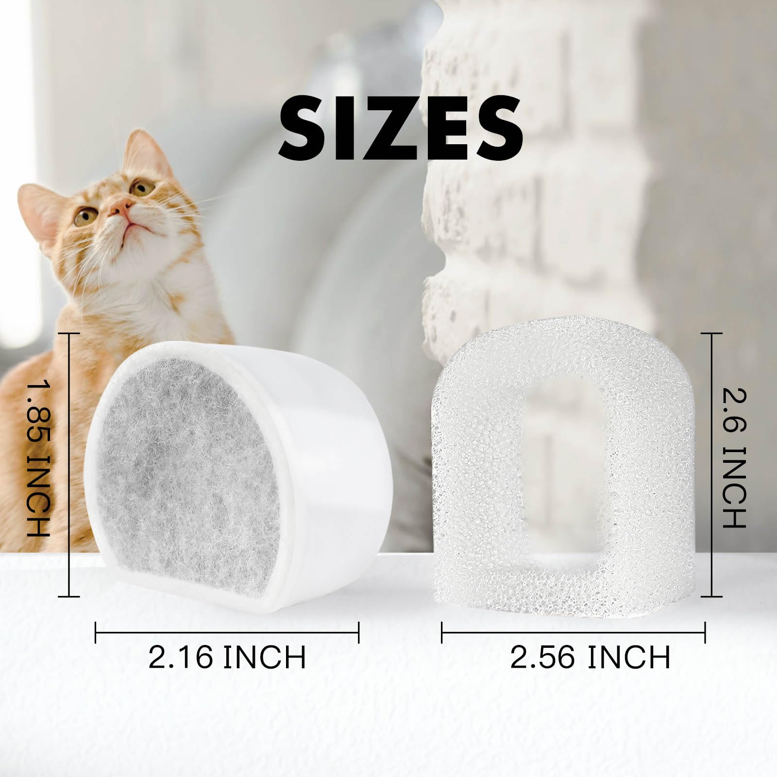 16 Pack Cat Water Fountain Filters Replacement, 8 Carbon Filters and 8 Foam Sponge Pre-Filter Fit for Multiple Ceramic and Stain