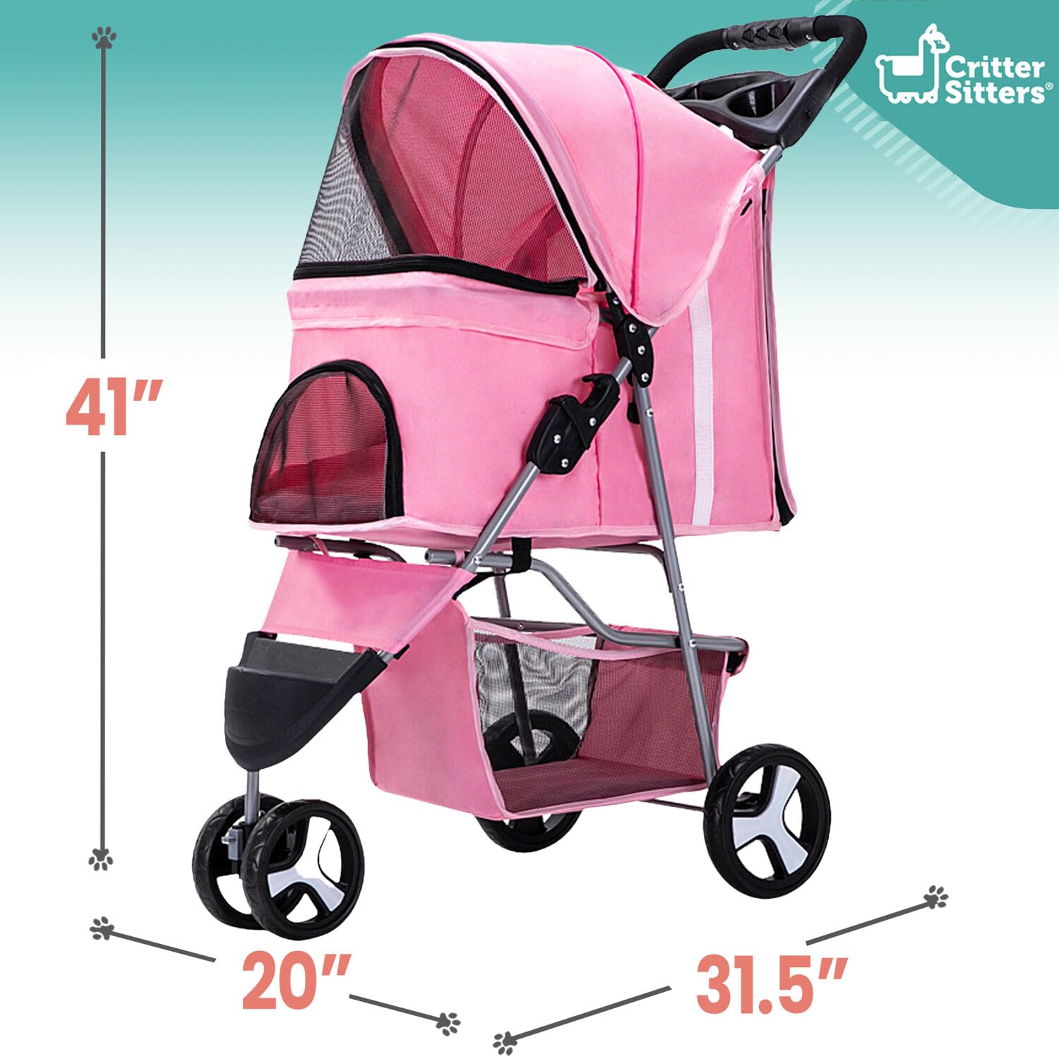 Critter Sitters 3-Wheel Jogging Pet Stroller With Storage Basket And Cup Holders, Modern And Stylish For Medium Sized Animals Up