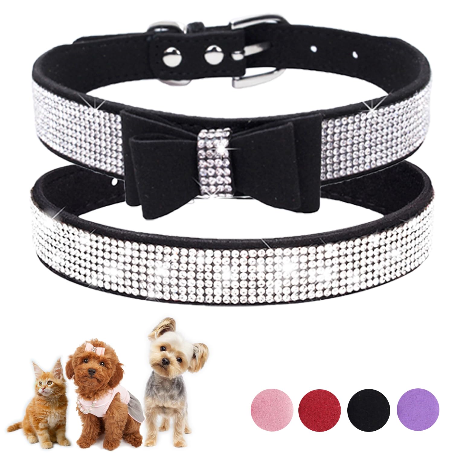 Black Bling Xxs Dog Collar, 2-Pack Rhinestone Kitten Collar Soft Suede Glitter Diamond Jewelry Crystal Girl Puppy Collar With Bo