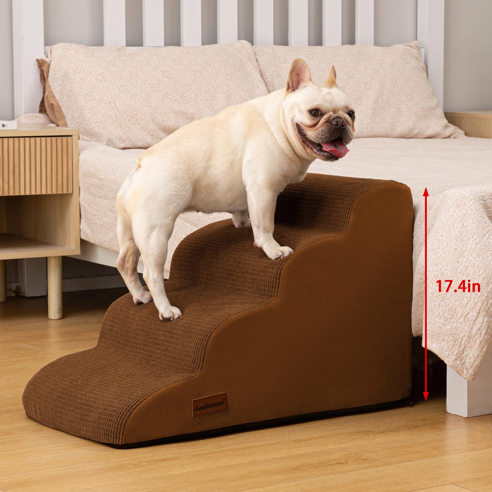 Aodisman 4-Step Dog Stairs and Ramp for Beds or Couches - Non-Slip Sturdy Pet Steps for Small Dogs and Cats,17.4 H,Brown