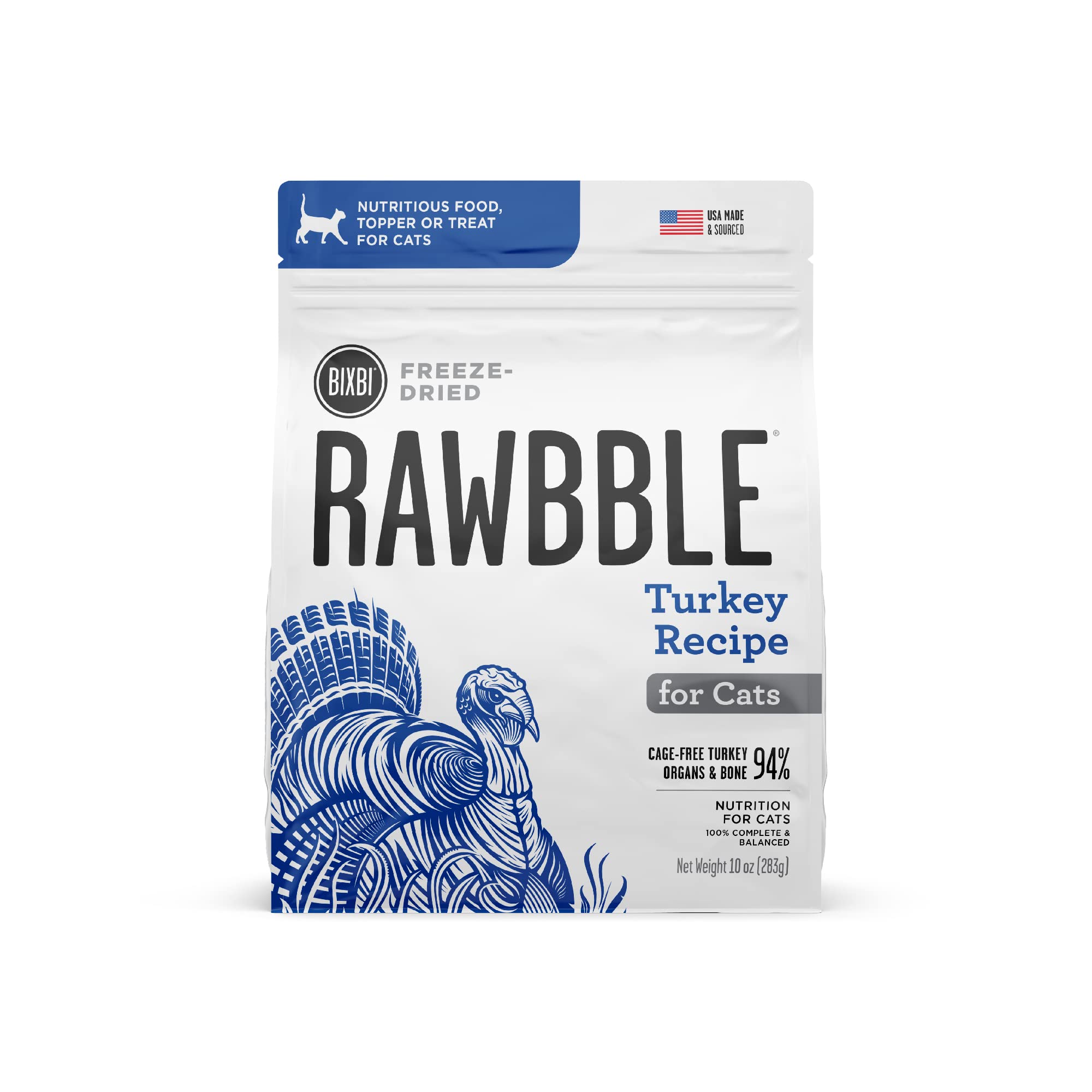BIXBI Rawbble Freeze Dried Cat Food, Turkey Recipe, 10 oz - 94% Meat and Organs, No Fillers - Pantry-Friendly Raw Cat Food for M