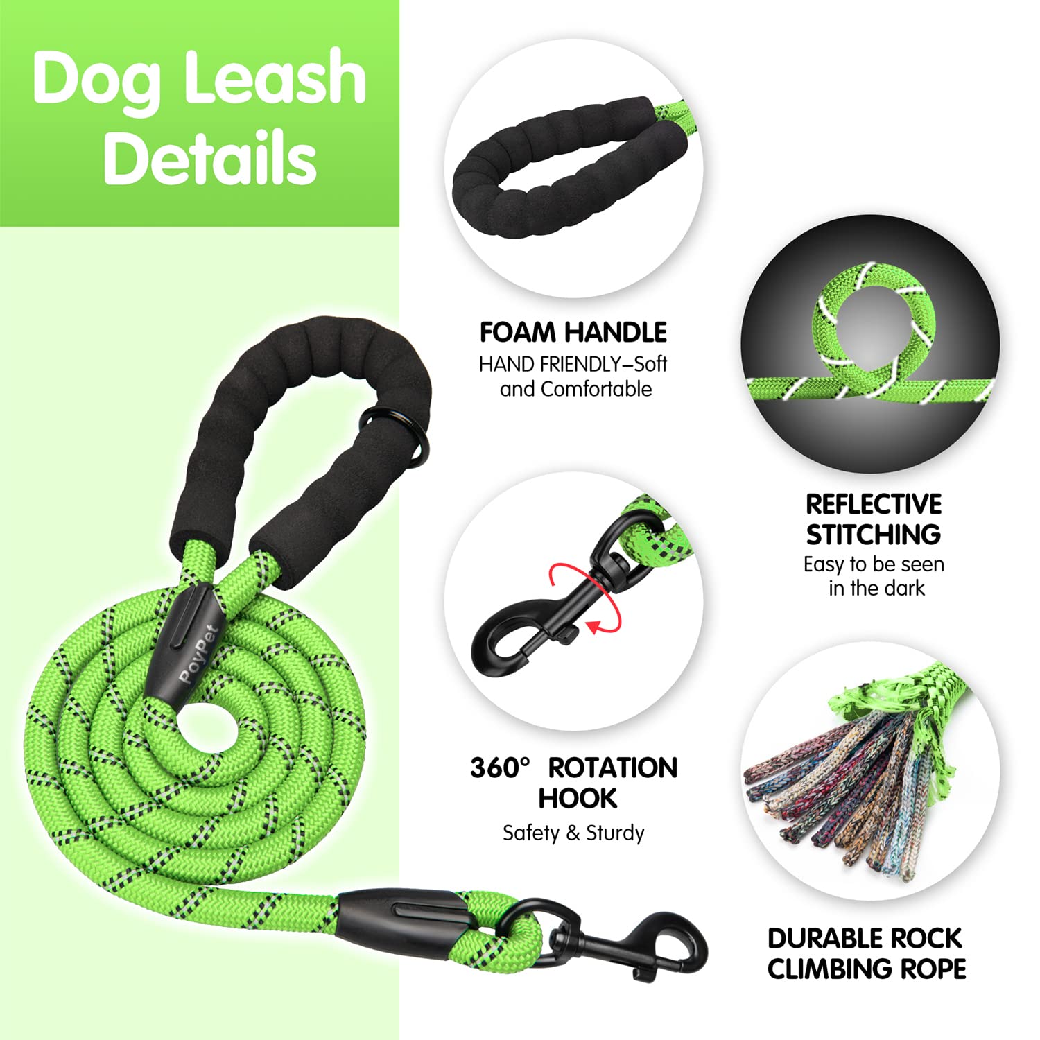 Poypet No Pull Dog Harness And 5 Feet Leash Set, Release On Neck Reflective Adjustable Pet Vest, Front & Back 2 D-Ring And Soft Padded Pet Harness With Handle For Small To Large Dogs(Green,L)