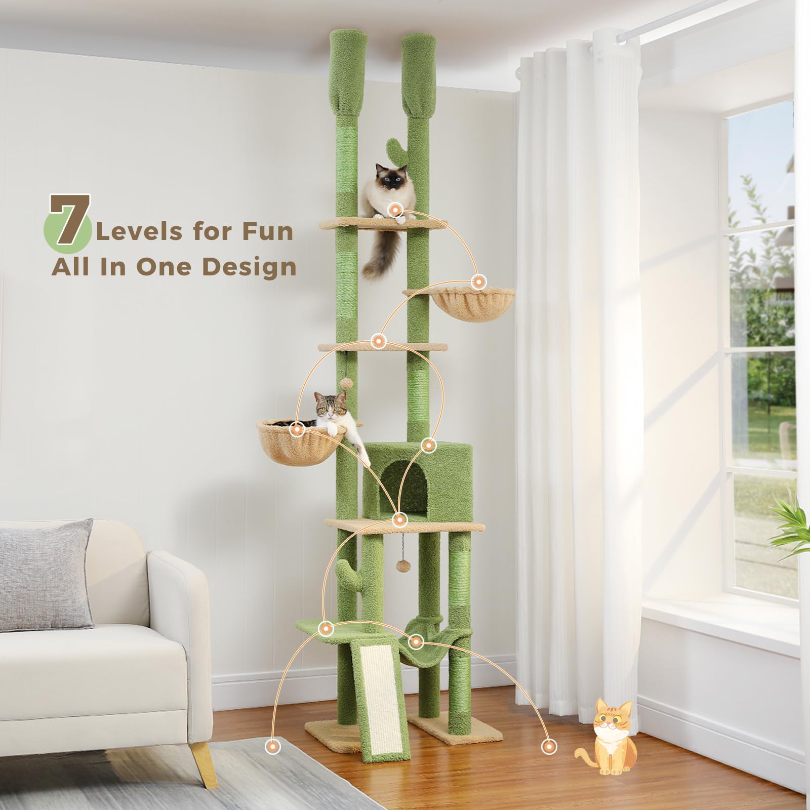Pawz Road Cactus Cat Tree Floor To Ceiling Cat Tower With Adjustable Height(85-112 Inches), 7 Tiers Climbing Activity Center Wit
