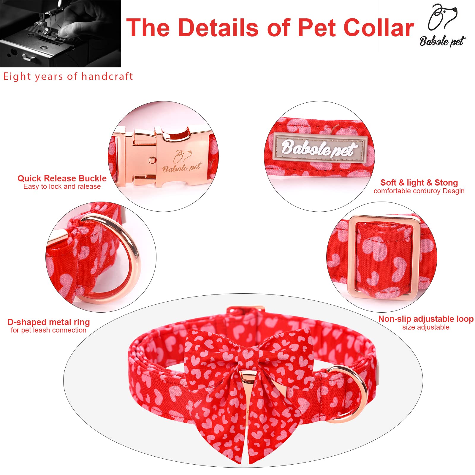 Babole Pet Valentines Dog Collar With Tie, Pink Red Love Male Dog Collar With Safety Metal Buckle Adjustable Puppy Collars For S