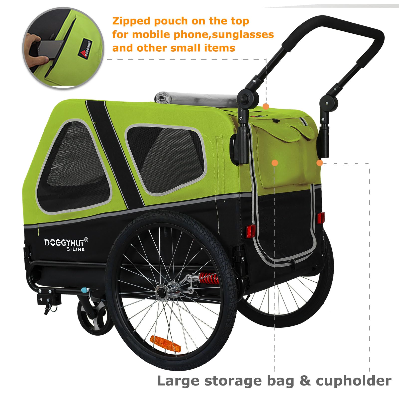 Doggyhut S-Line Xl Pet Bike Trailer & Stroller For Dogs Up To 100 Lbs (Green)