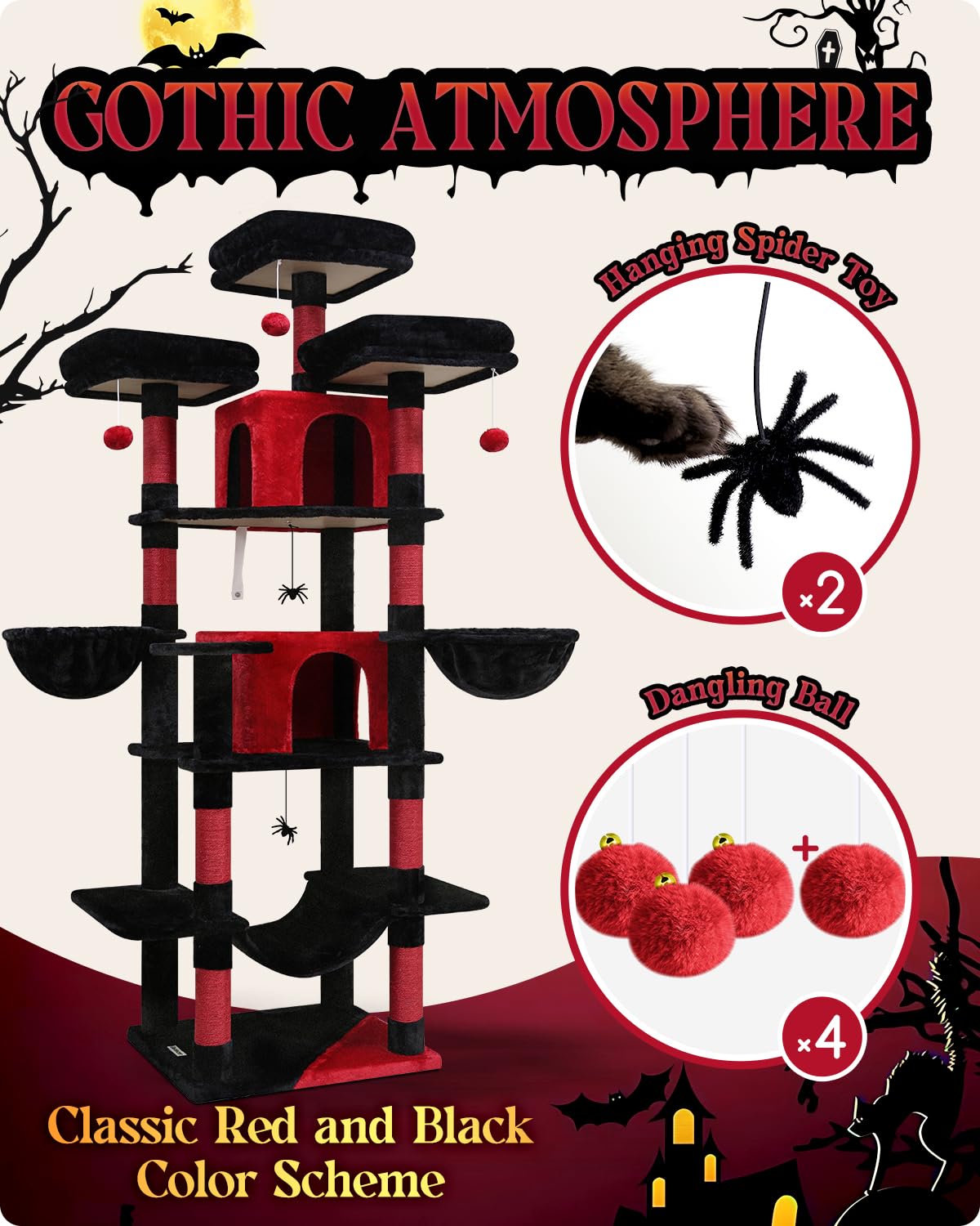 Globlazer F80 Gothic Cat Tree, 80Inch Goth Cat Tower For Indoor Cats Multiple Adult Cats Xxl Cat Tree Large Cat Tower With Scrat