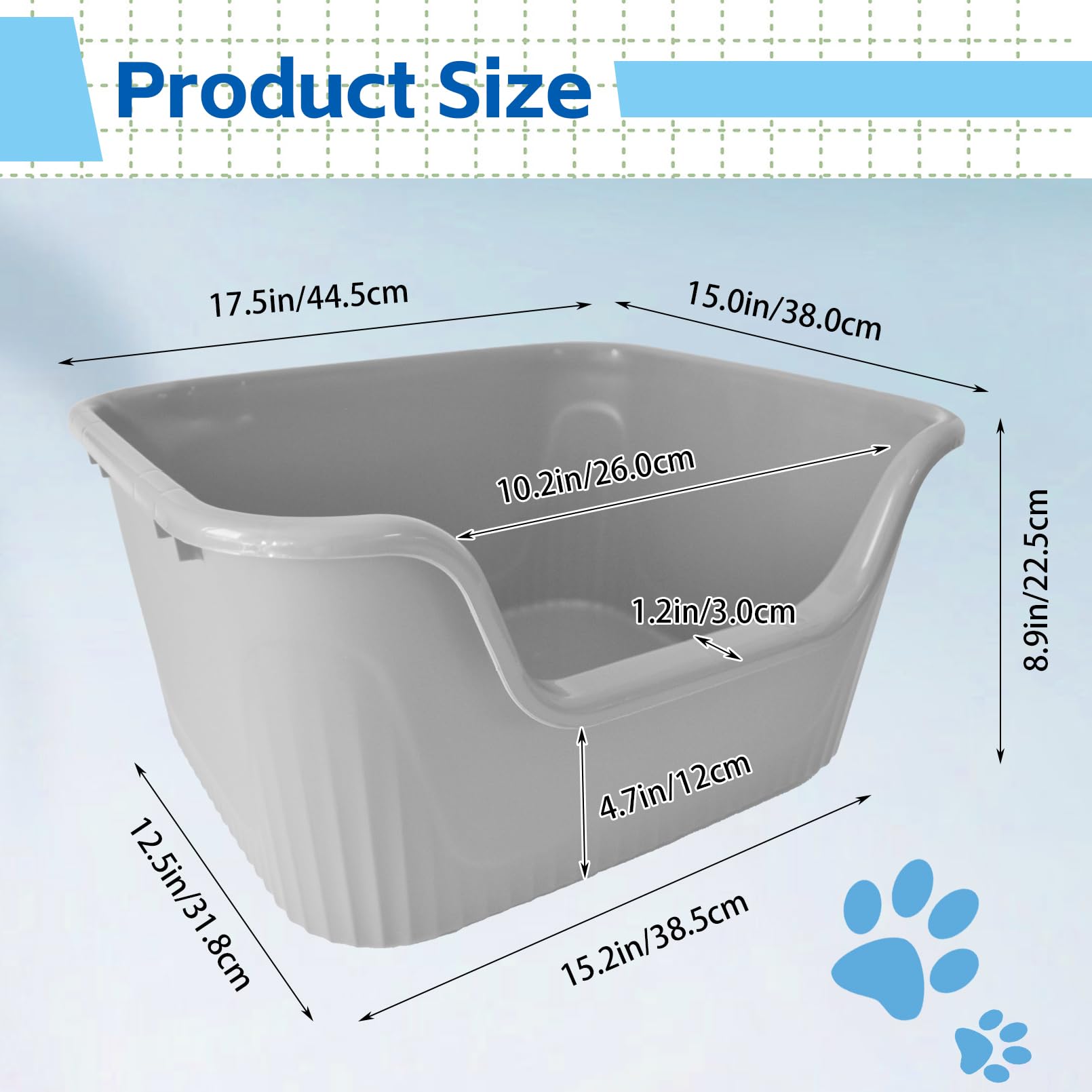 Muyg Large Cat Litter Box With High Sides,17.5X15X8.9 Open Top Anti Splashing Non-Stick Low Entry Litter Tray For Cats Eas