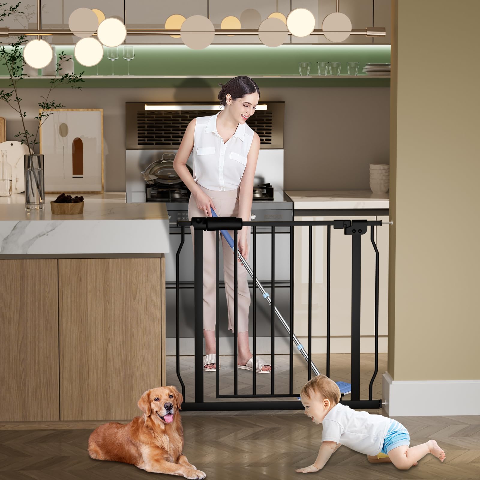 HOOOEN 30'' Tall Extra Wide Baby Gate for Doorways Stairs Large Long Dog Gates Pressure Mounted Indoor Safety Gates Walk Through