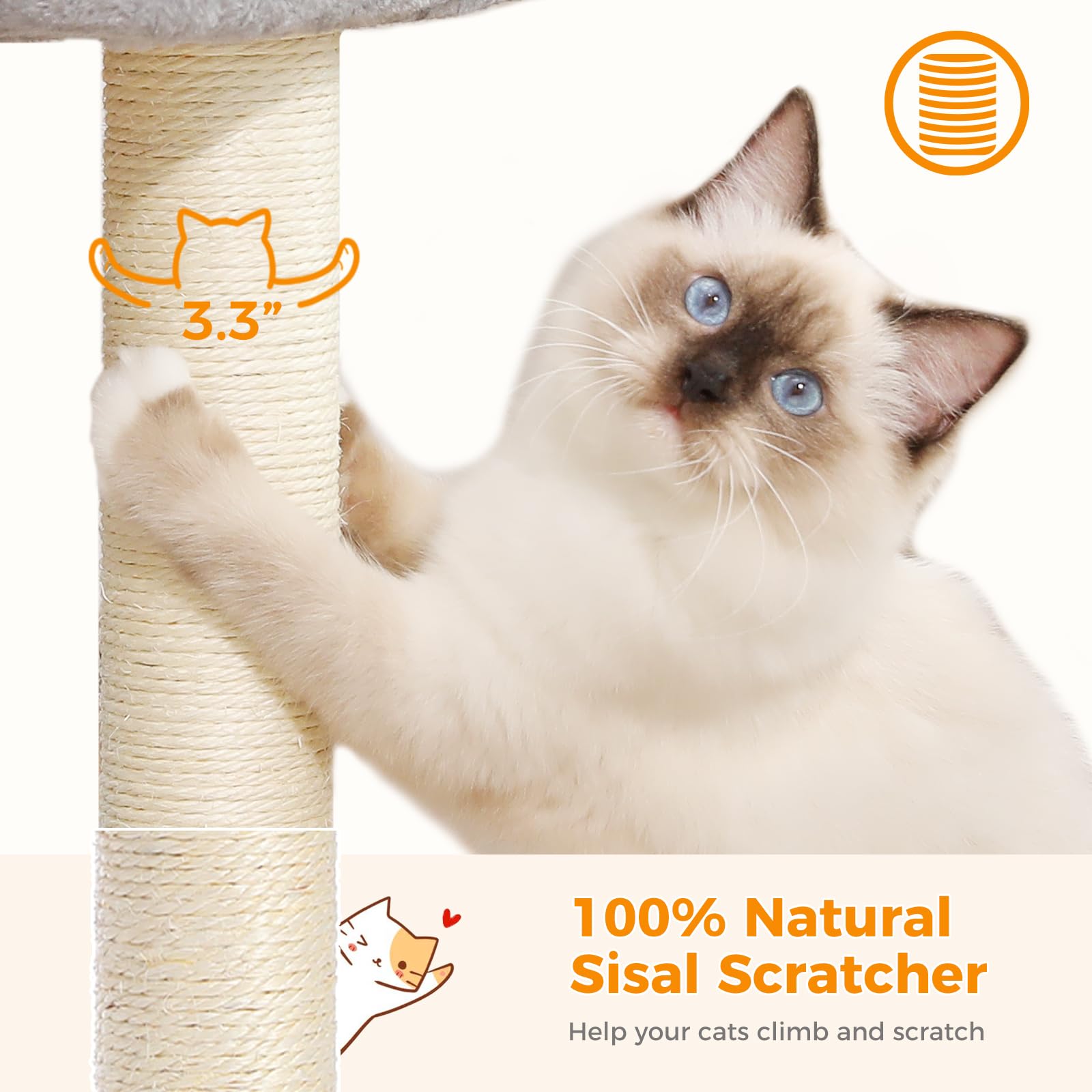 Petepela 19'' Scratching Post, Cat Tree Tower, 100% Natural Sisal Scratcher With Large Plush Top Perch Bed, Cozy Platform For Ki