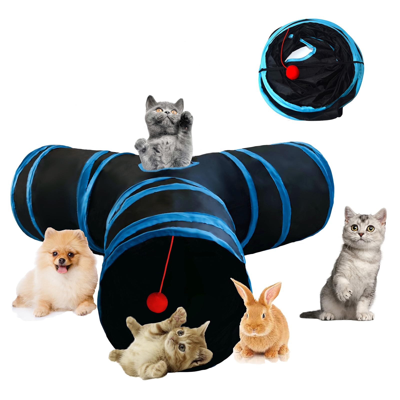 Mabaytir Collapsible Cat Tunnel for Indoor Cats 3 Way Black, Portable Play Tube with Peepholes, Perfect for Kittens, Rabbit & Sm