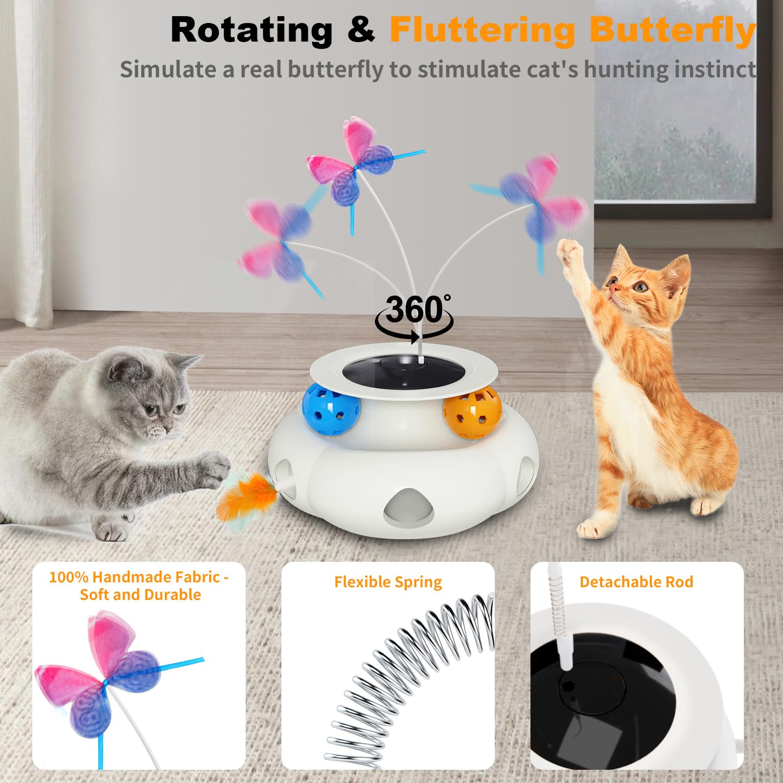 Interactive Cat Toys For Indoor Cats, 3In1 Rechargeable Pet Teaser Toy With Ambush Feather Wand, Fluttering Butterfly And Track