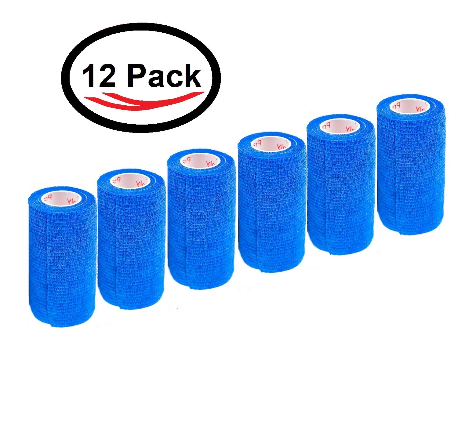 4 Inch Vet Wrap Tape Bulk (Blue) (Pack Of 12) Self Adhesive Adherent Adhering Flex Bandage Grip Roll For Dog Cat Pet Horse