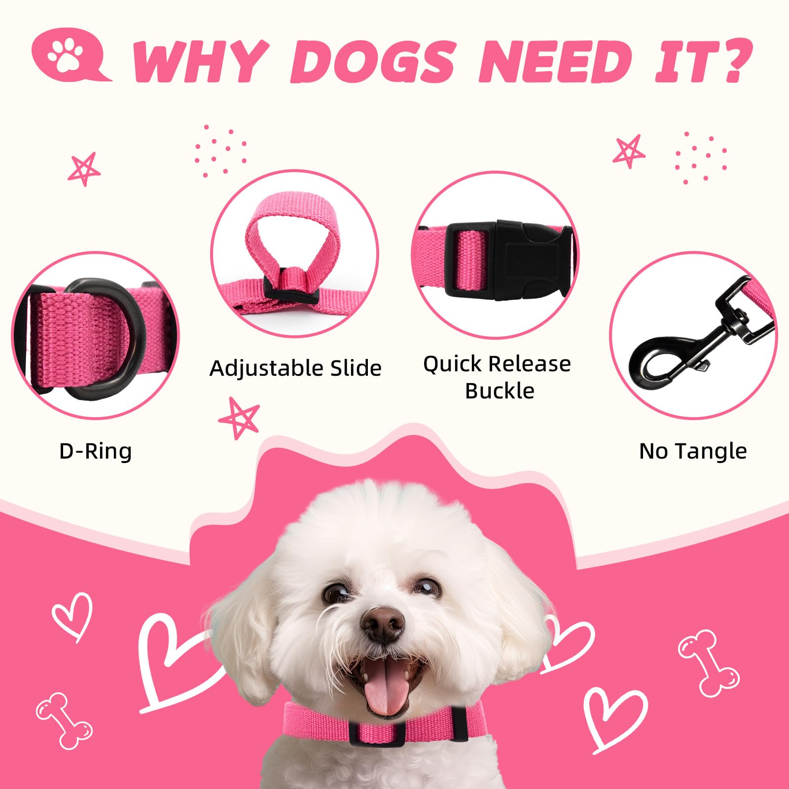 Rose Pink Dog Collar And Leash Set For Small Dogs, Breathable, Anti-Odor & Soft, Comfortable For Sensitive Skin Puppies, 90% Bam