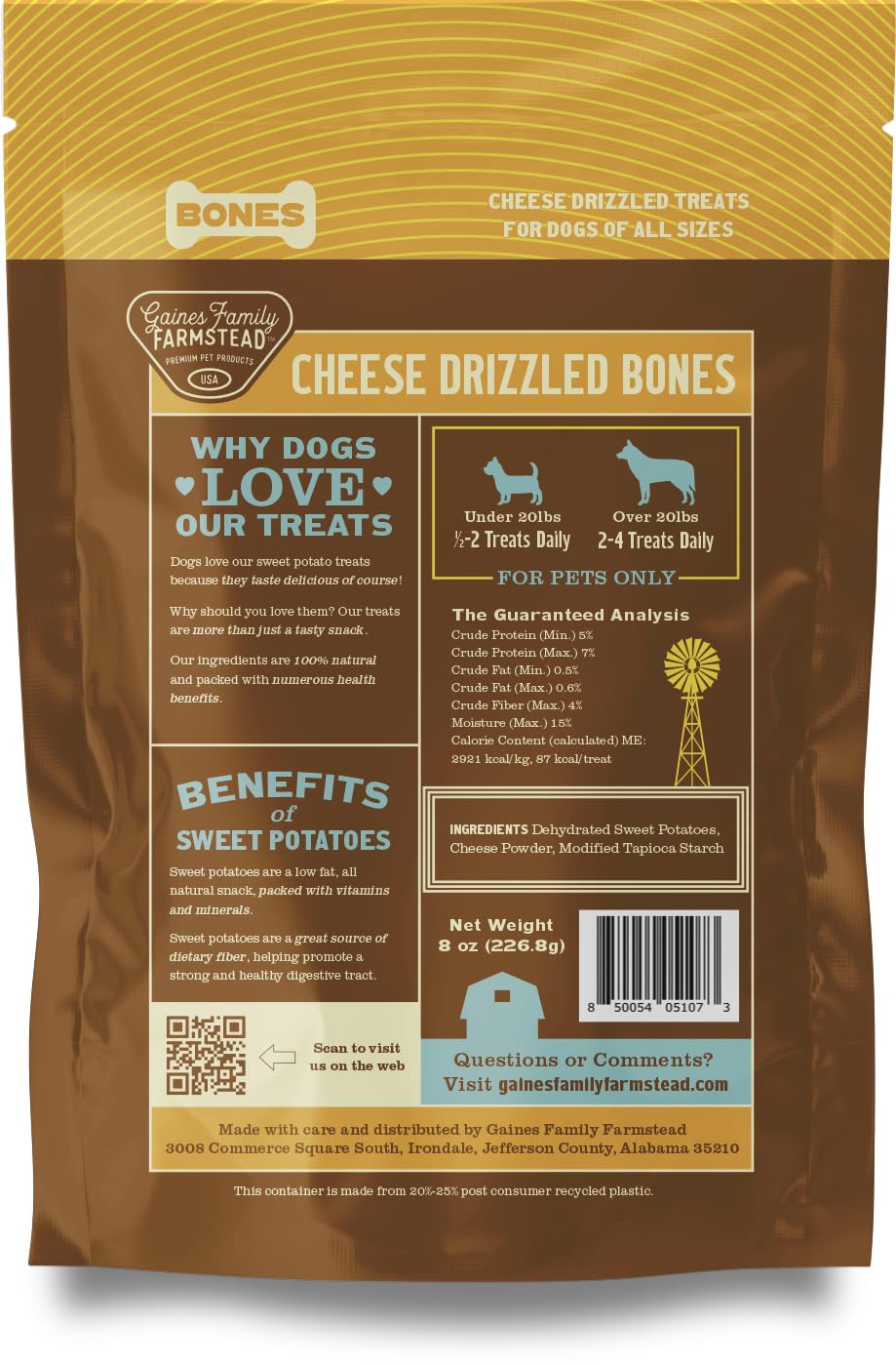 Gaines Family Farmstead Dog Treats - Grain-Free Sweet Potato Bones, 8 oz, All-Natural for Digestion, Skin & Energy, Made in USA