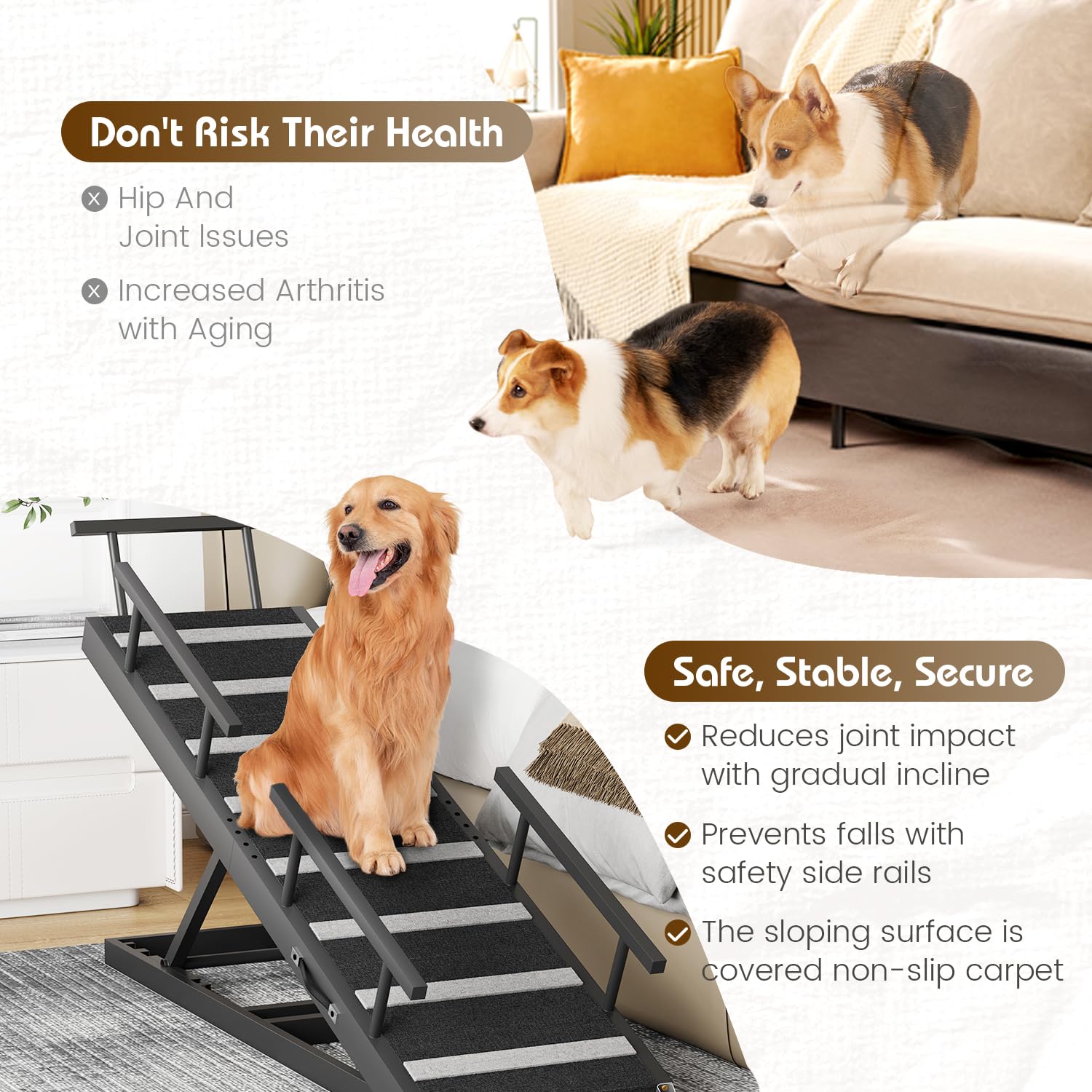 Dog Ramp For Bed, 63'' Pet Ramp For Adjustable Hight, Dog Ramps For Large Dogs With Anti-Slip Carpet And Safety Rails, Dog Car R