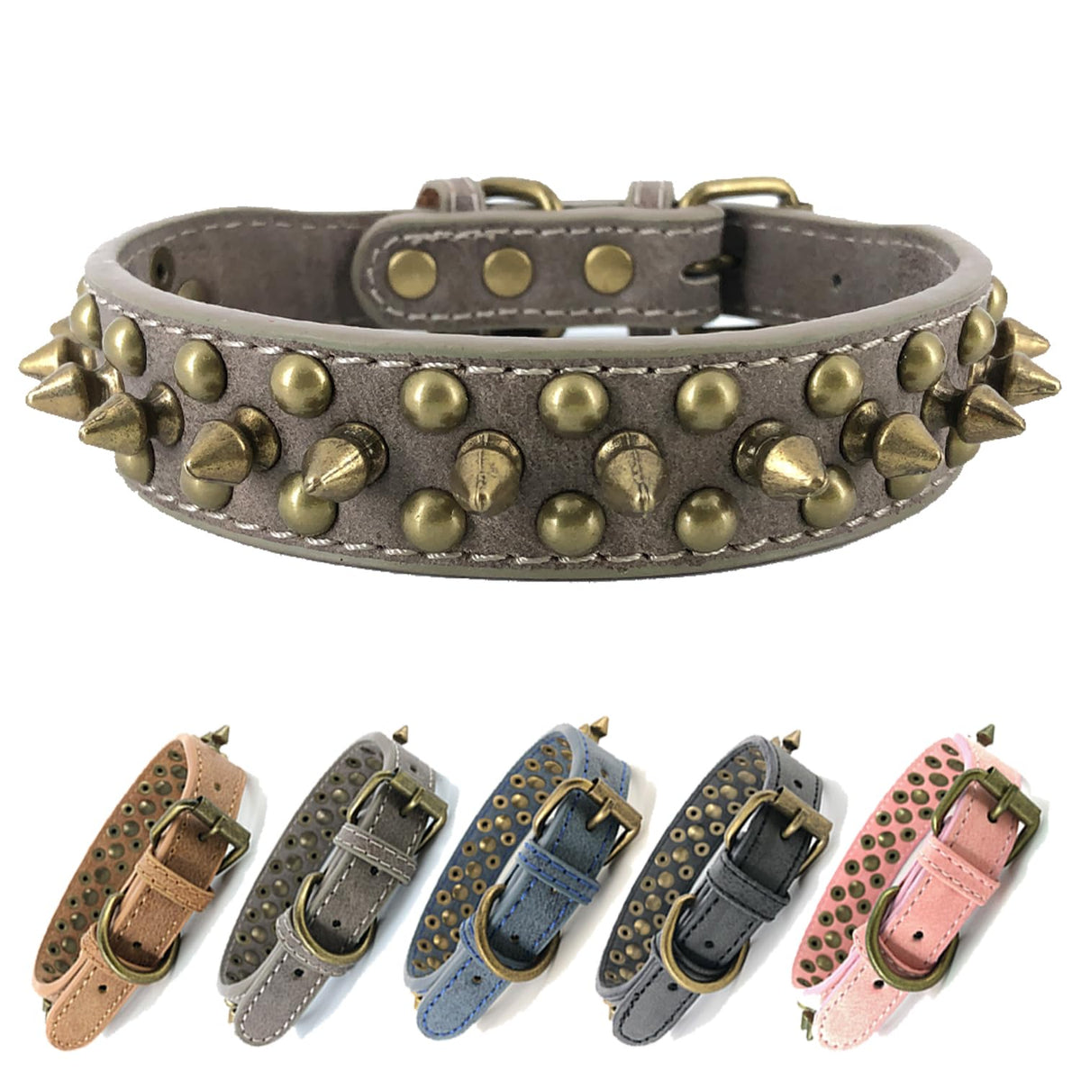 Spiked Studded Dog Collar-Bronze Round Stud Anti-Bite Collar (Grey,L)