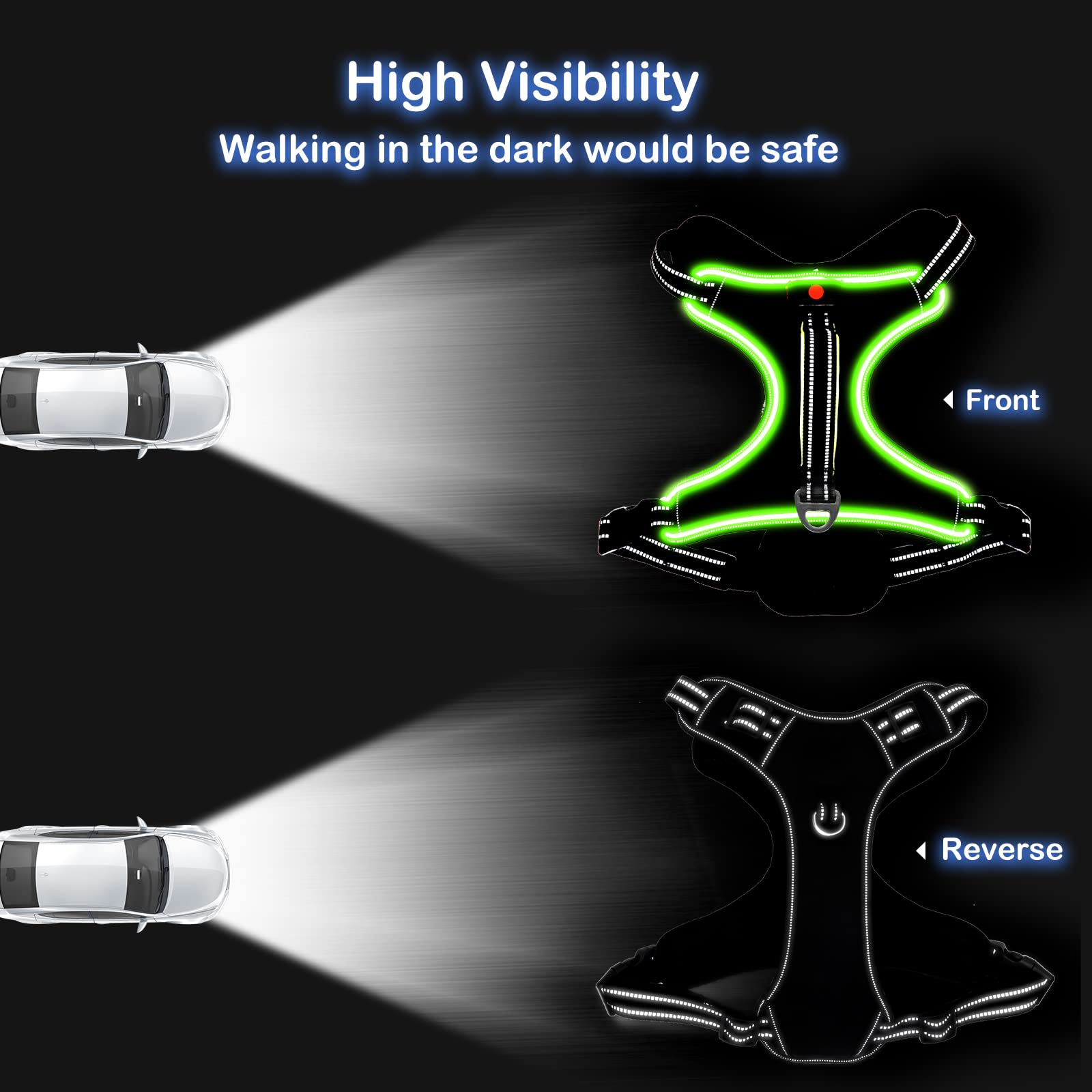 Vizbrite Light Up Dog Harness, No Pull Led Dog Harness With Handle, Rechargeable Lighted Safety Vest For Small Medium Large Dogs