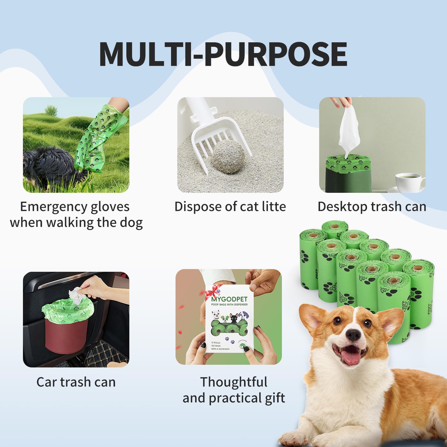 MYGODPET Dog Poop Bags 300 Count Biodegradable Leak Proof Ocean Scented Green