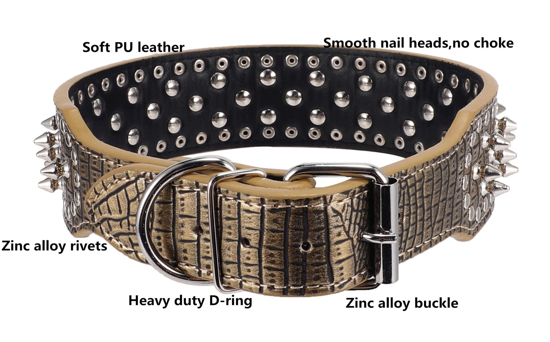 Hoot Pu Leather Adjustable Spiked Studded Dog Collar 2' Wide 25 Spikes (Xs(Neck 15'-18'), Golden)