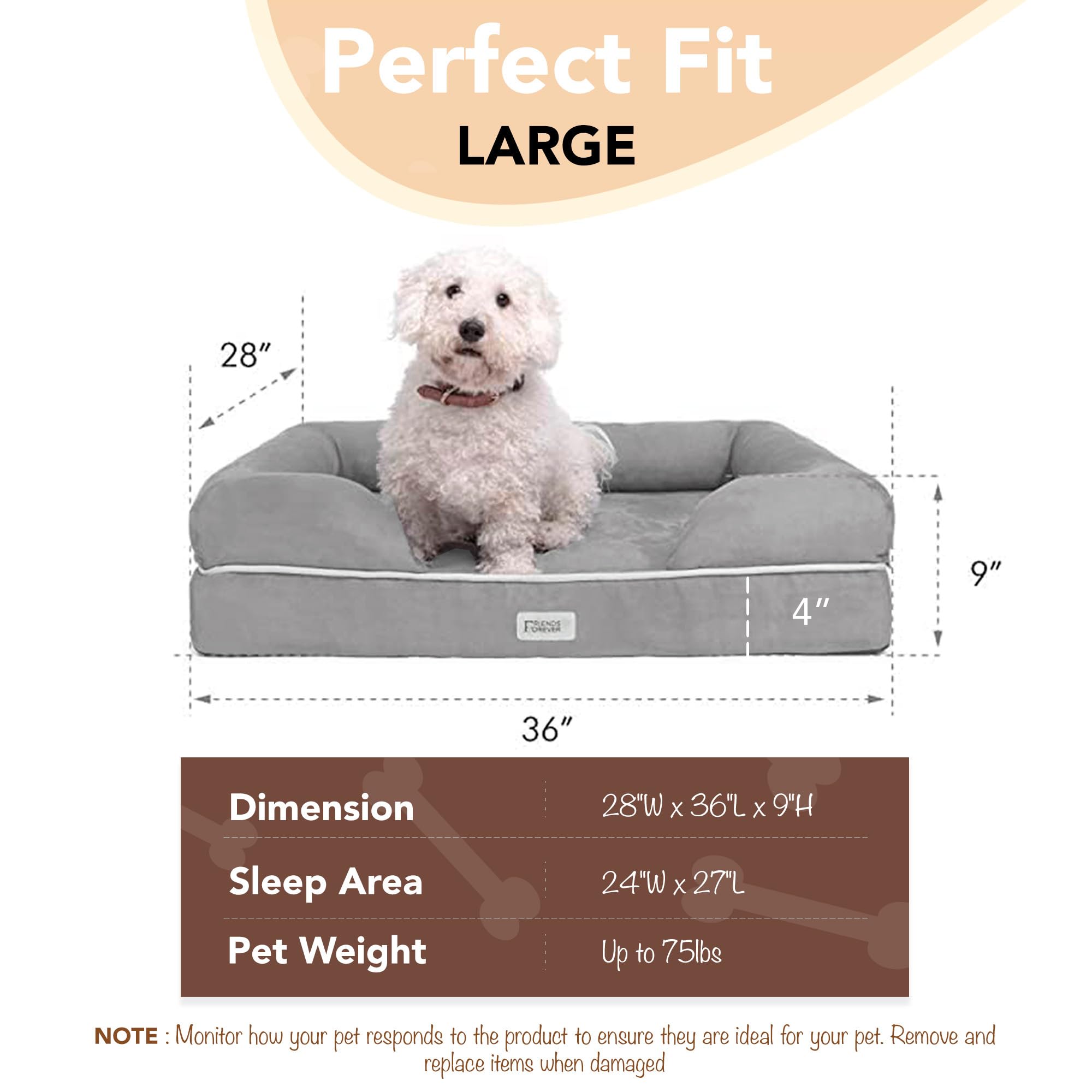 Friends Forever Large Orthopedic Memory Foam Dog Bed - Chester Grey, Washable Cover, Non-Slip, 36"x28"x9"