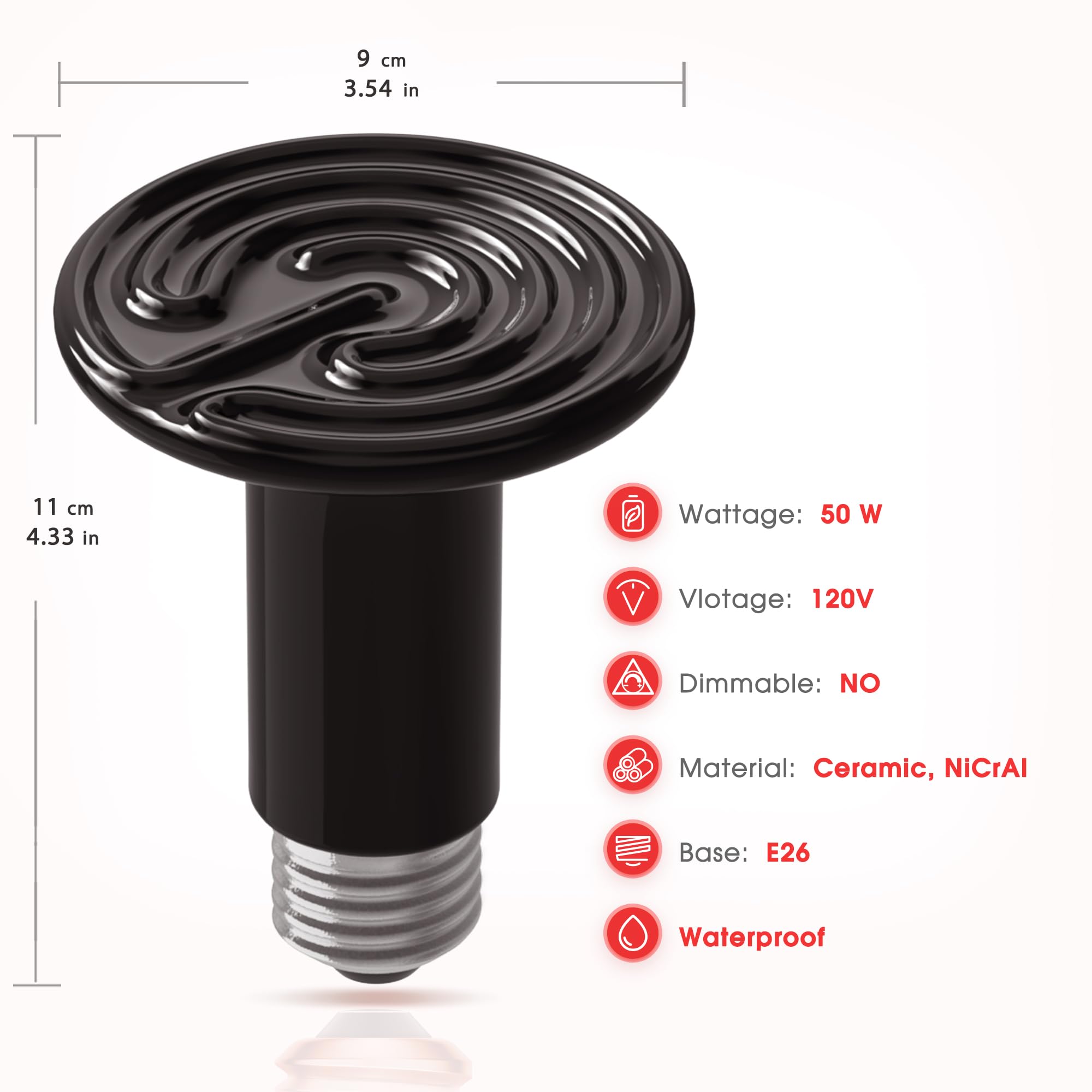Ceramic Heat Emitter for Reptiles, 50W Heat Lamp Bulb, Ceramic Reptile Heat Bulb Black, No Light Emitting Heat Lamp for Amphibia