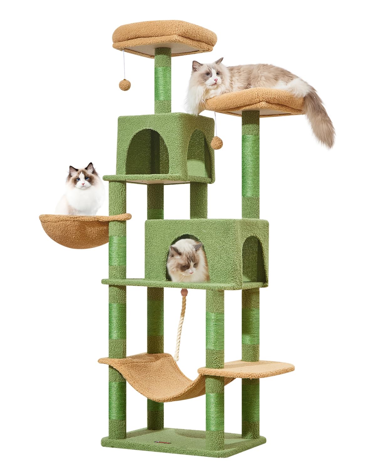 Taoqimiao Cat Tree, 66.2-Inch Cat Tower for Indoor Cats, Plush Multi-Level Cat Condo with 12 Scratching Posts, 2 Perches, 2 Cave
