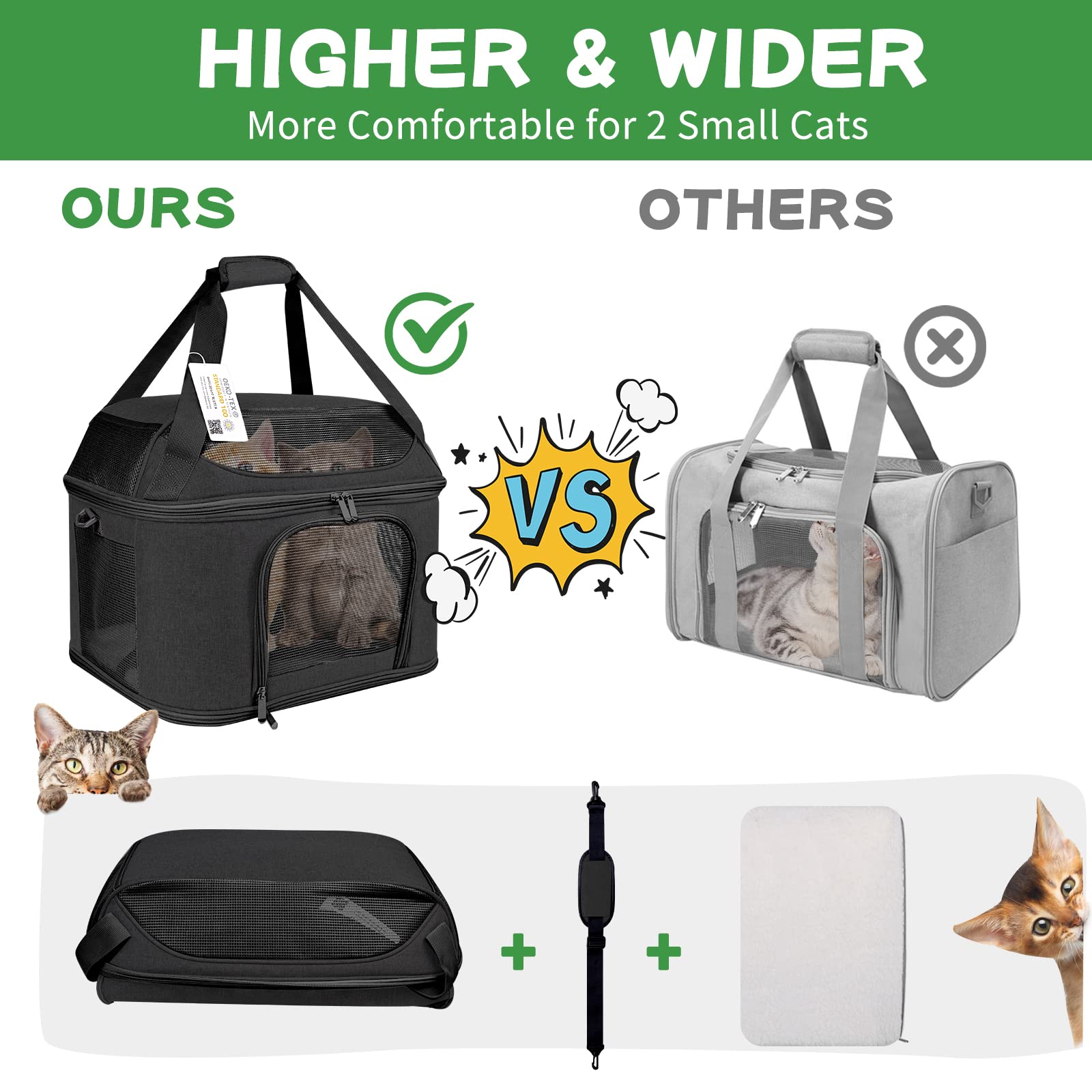 Bejibear Large Cat Carrier For 2 Cats, Soft Side Carrier For Cats Small Dogs, Collapsible Travel Dog Carrier Oeko-Tex Certified, Tsa Airline Approved Cat Carrier Backpack For 20 Lbs Cat,Black