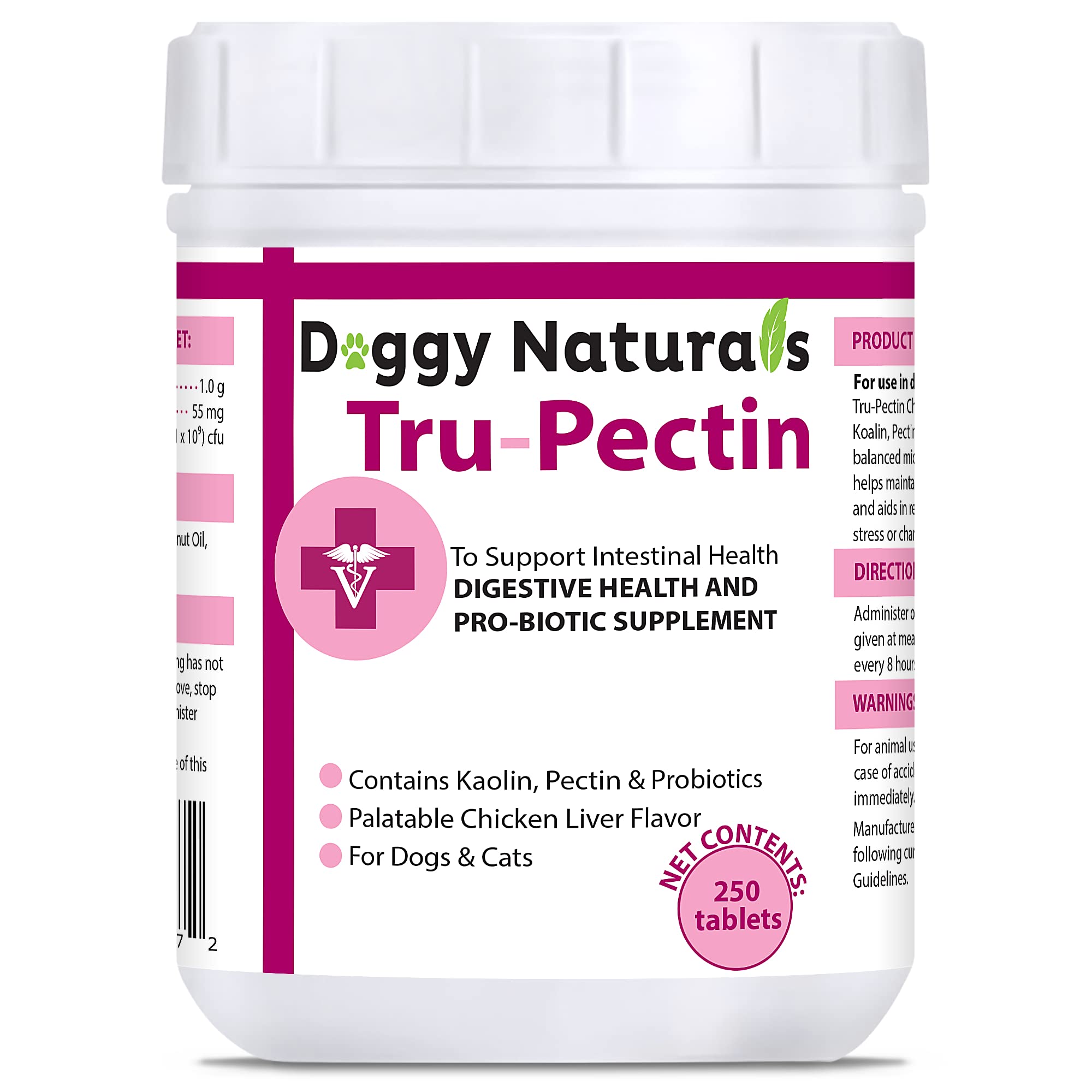 Tru-Pectin Anti-Diarrheal for Dogs & Cats, 250 Tablets- Chicken Liver Flavor -Helps Reduce Occasional Loose Stool & Diarrhea, Ba