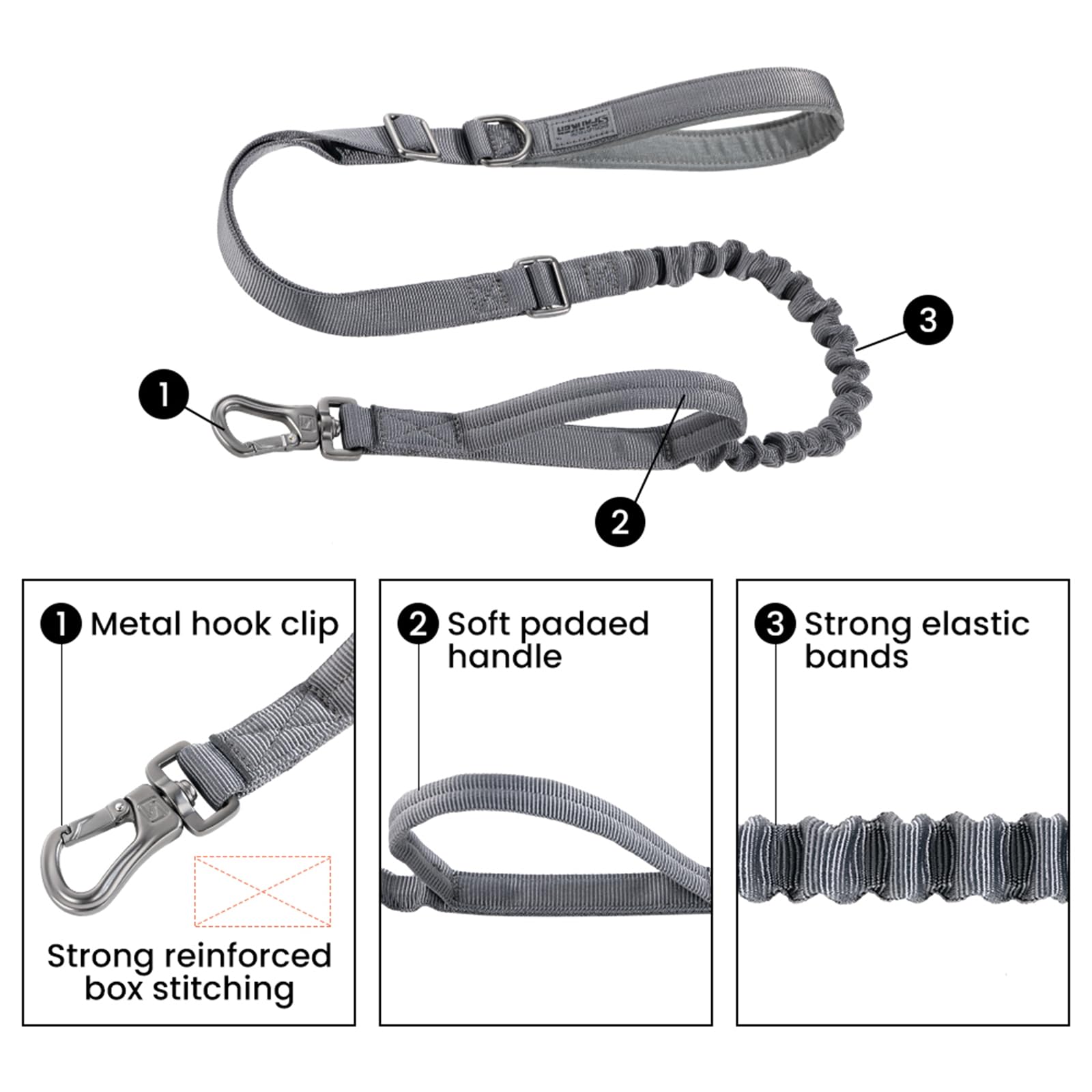 Excellent Elite Spanker Tactical Dog Leash Heavy Duty 5-6Ft Adjustable No Pull Military Bungee Dog Leash Elastic Leads Rope With 2 Padded Control Handle For Medium Large X-Large Dogs(Gry)