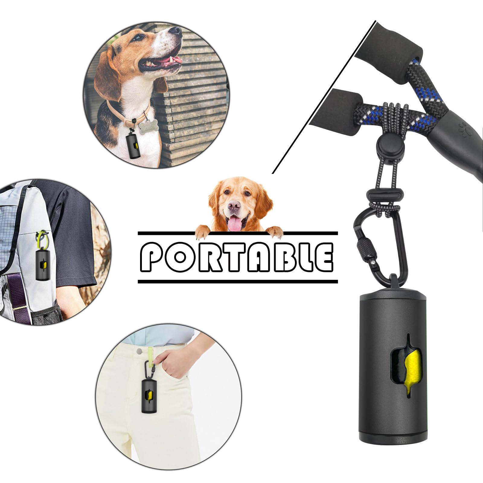 Shaouman Metal Dog Poop Bags Holder|Aluminum Poop Bags Dispenser With 30 Black Pet Waste Bags 3 Leash Clasp And Elastic Rope