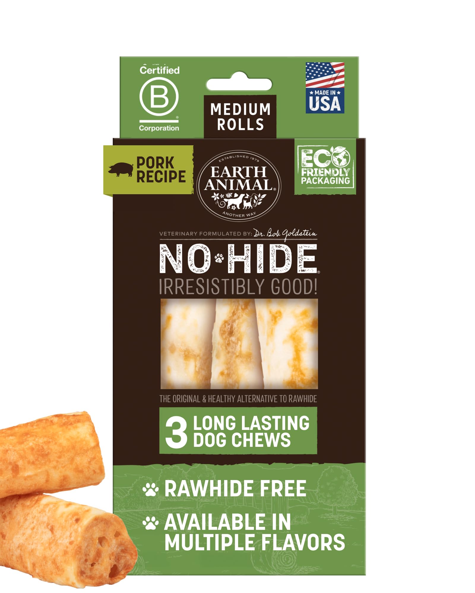 Earth Animal No Hide Chews - Long Lasting Rawhide Free Medium Dog Chews Rolls, Pork - 3 Count Value Pack
