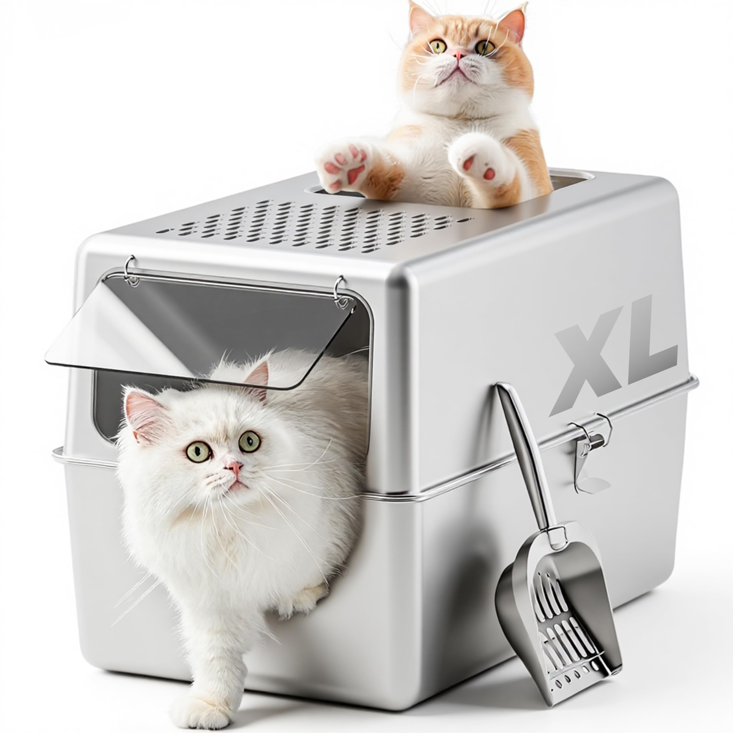 Petinstinct Extra Large Enclosed Stainless Steel Litter Box with Lid, 23.6x17.7x15.7 High Sided Metal Cat Litter Box for Indoor 