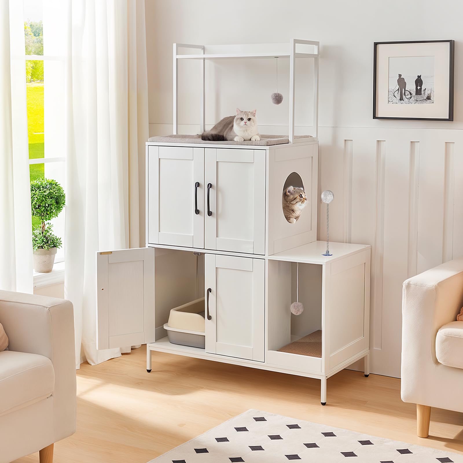 HOOBRO Cat Litter Box Enclosure, 2-in-1 Furniture with Storage, Engineered Wood, White, 30.7"L x 17.7"W x 53.1