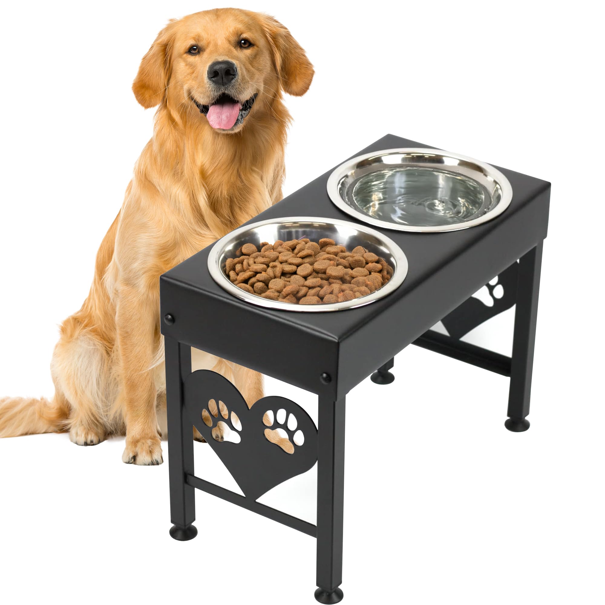 Elevated Dog Bowls Raised Steel Pawprint Feeder Stand Large Breed 16 Inch Tall Double Three Quart