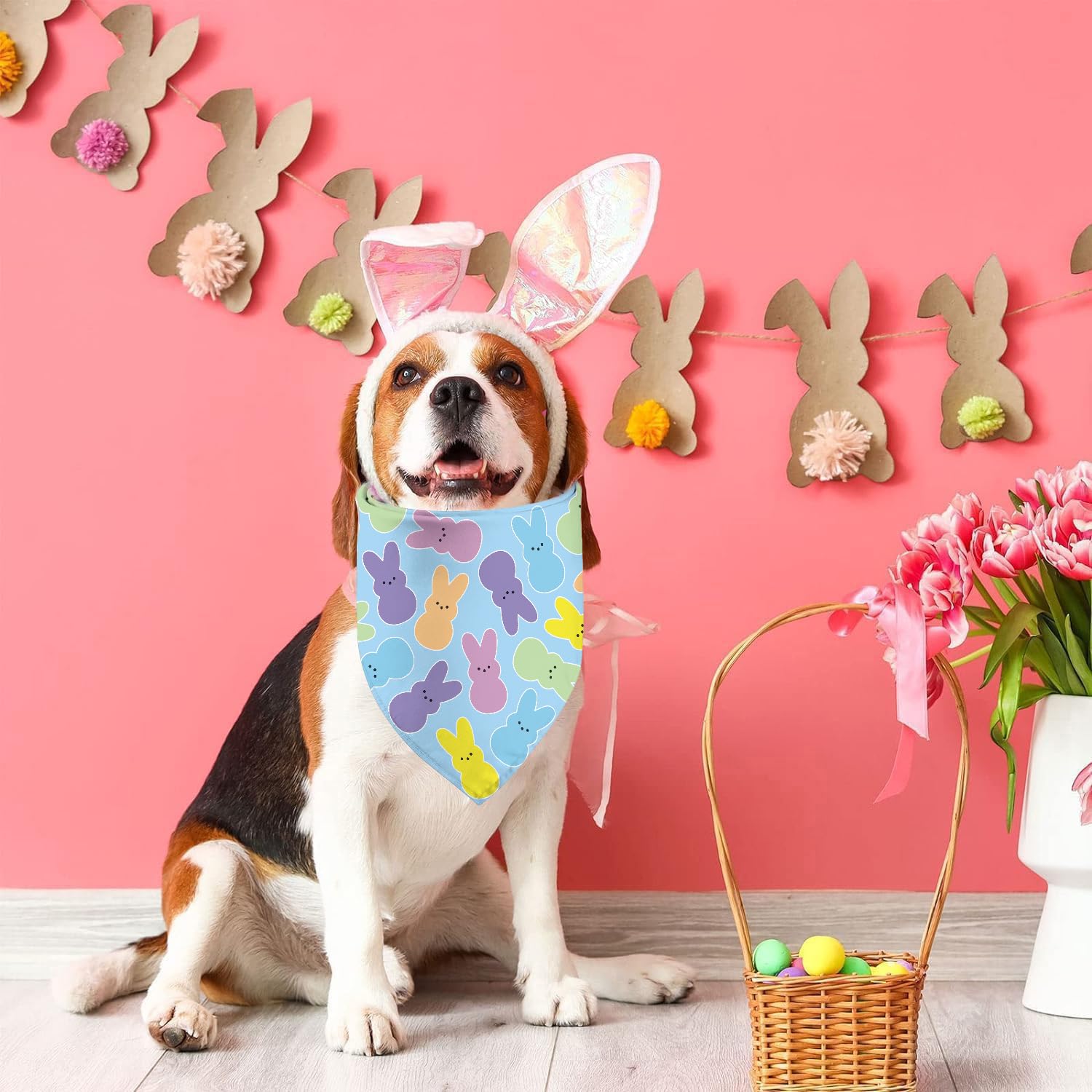 Easter Dog Bandanas, Reversible Colorful Bunny Pet Scarf 2 Pack, Dual-Layer Happy Easter Holiday Puppy Dog Kerchief Gifts (Easte