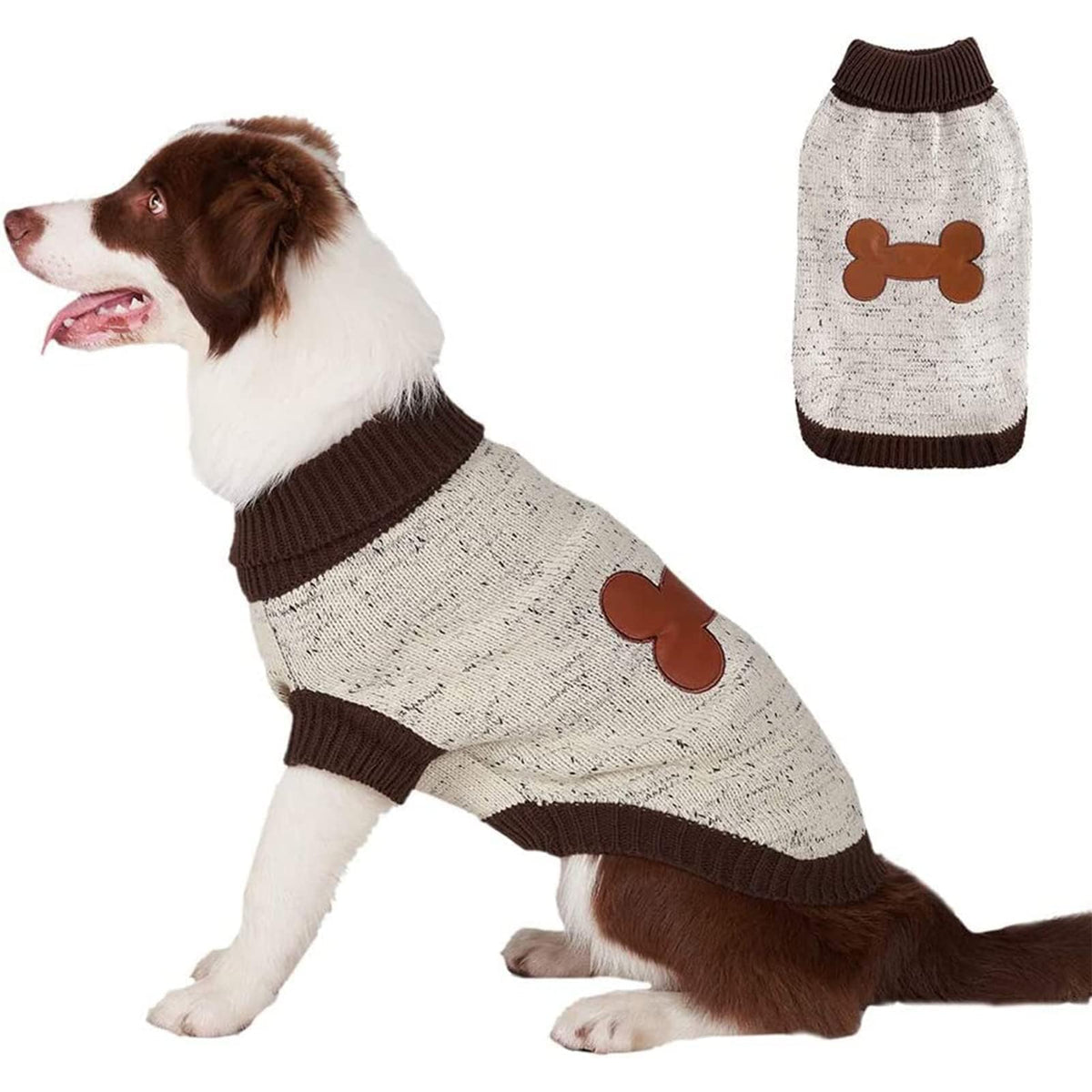 Bingpet Turtle Neck Knitted Dog Sweater,Dog Sweaters For Small Medium Large Dogs With Brown Bone Pattern,Puppy Winter Warm Cloth