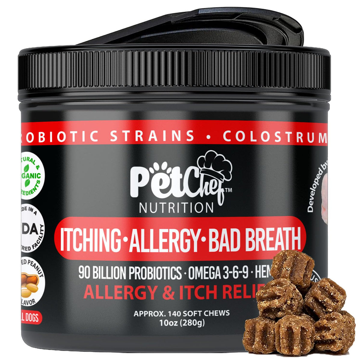 Pet Chef: Natural & Organic Natural Dog Allergy Prevention & Relief. 140Ct. 10Oz, Best Value Pop Top Lid. Peanut Butter Flavor Ridges! Builds Beautiful Fur And Repairs Fur Damage! Improves Comfort!!