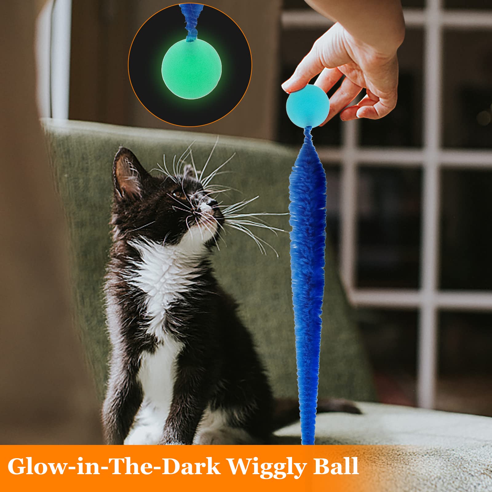 SHENGSEN Mixed Bouncy Ball with Tail Cat Toys-5 Packs,Rainbow Magic Worm with Ball Toy for Cats,Colorful Fuzzy Worm Bouncy Balls