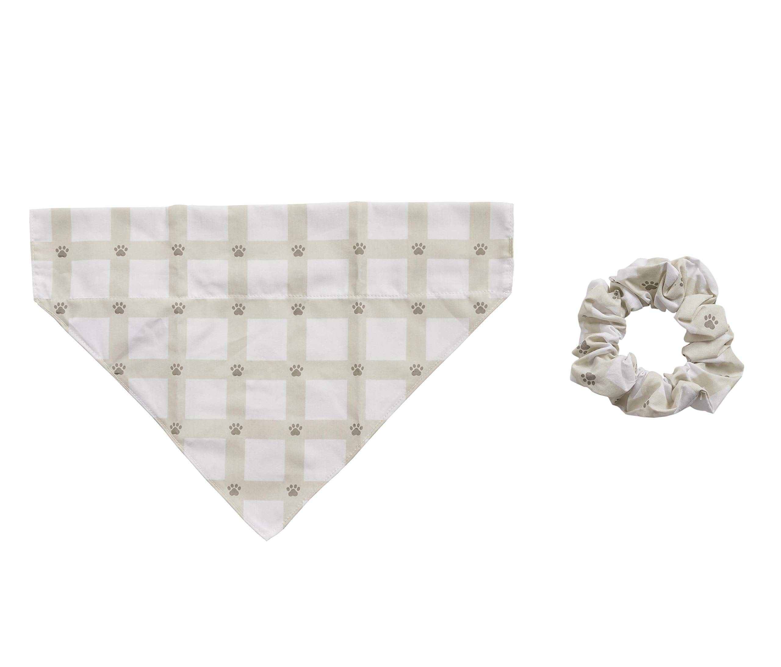 Pearhead Matching Bandana And Hair Scrunchie Set, Pet Owner And Dog Lover Set, Grey Gingham Paw Print, M/L
