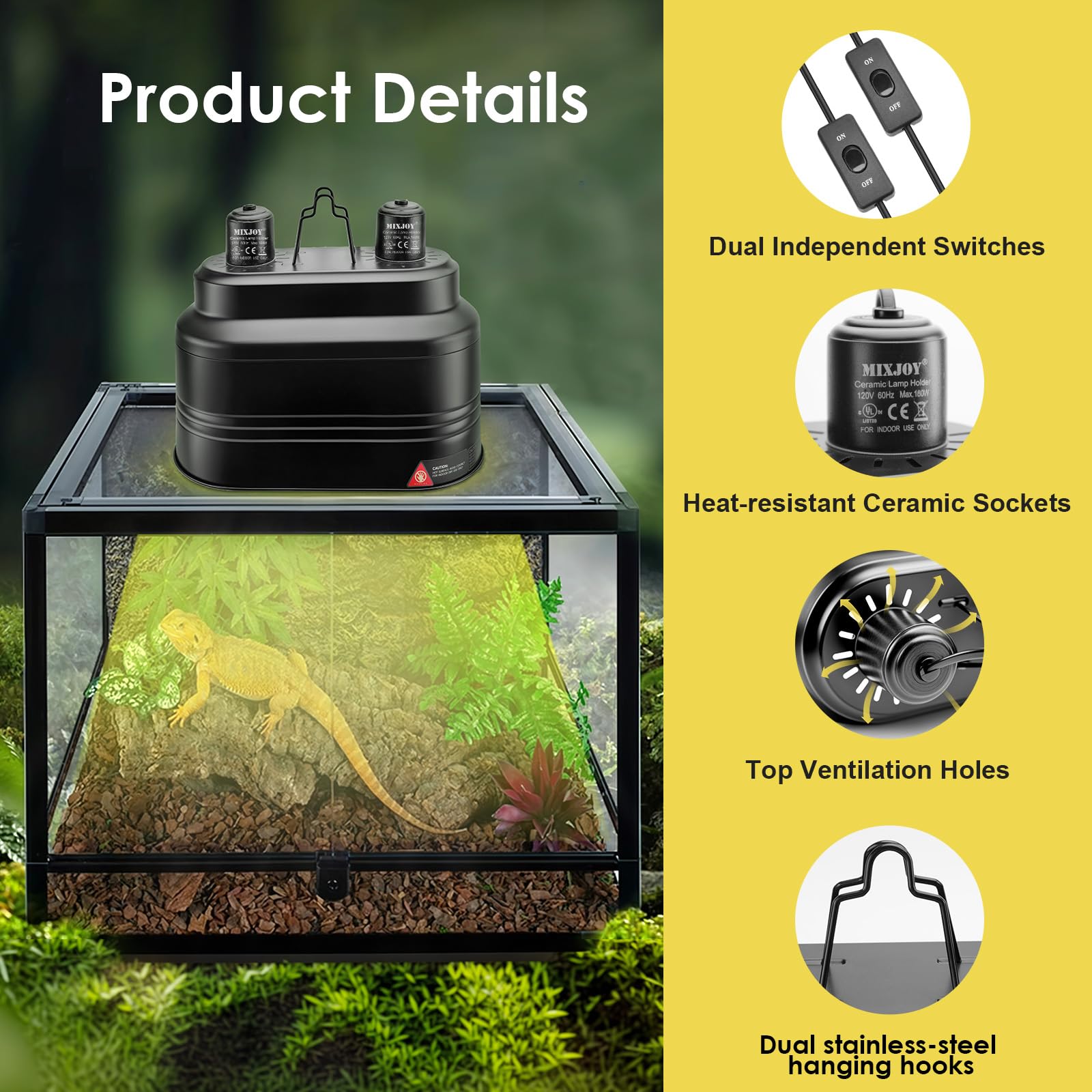 MIXJOY Dual Reptile Light Fixture, 160W, Metal, Black, Model DLF2160W-BK, Separate Switches for Lizards, Turtles, Snakes, Amph