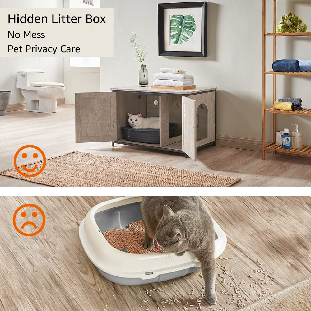 Unipaws Cat Litter Box Enclosure With Top Opening, Suitable For Large Cat, High Jumbo Litter Box, Automatic Litter Box Hidden, Cat House, Privacy Cat Washroom Bench (Weathered Grey)