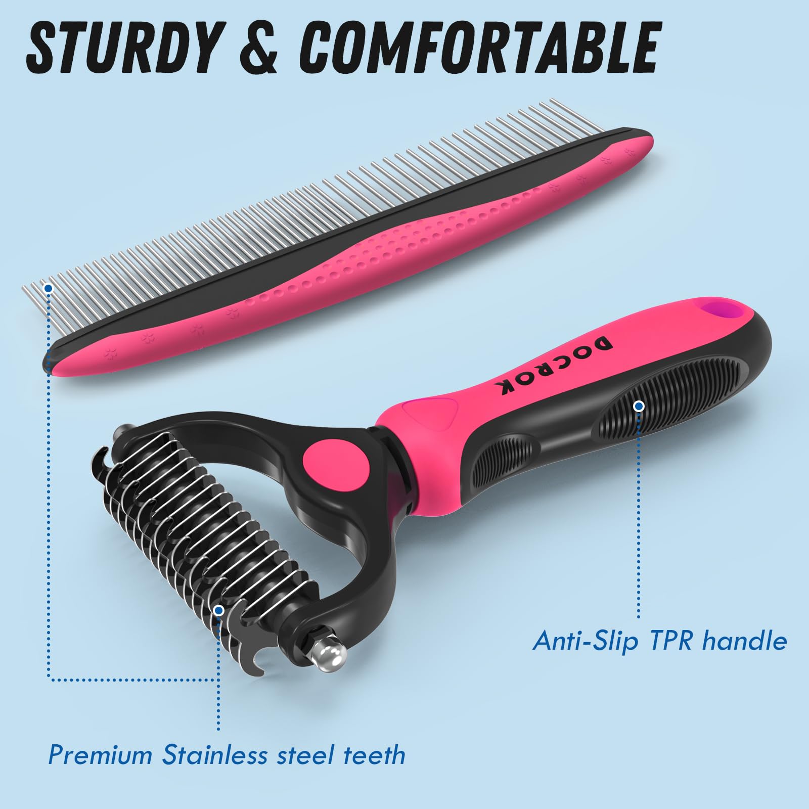 Docrok Pet Grooming Brush & Metal Comb Combo for Dogs & Cats, Pink Dematting Tool for Shedding & Undercoat Rake, Long Haired Pets