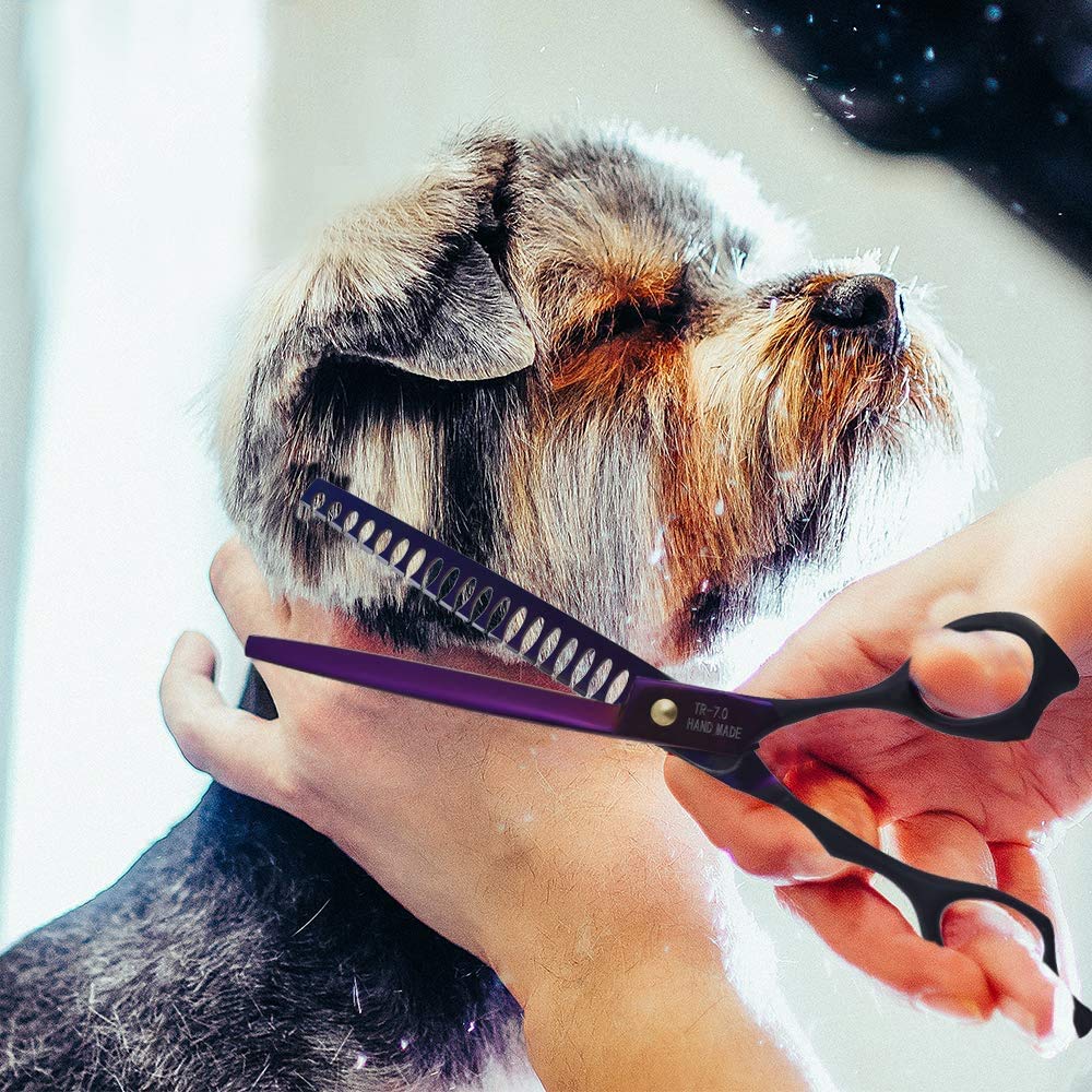 Dream Reach 7.0 Inches Professional Decompressed Elastic Handle Pet Grooming Scissors Set,Straight & Chunker & 2 Curved Scissors 4Pcs Set For Dog Grooming (Purple) (4Psc Set)