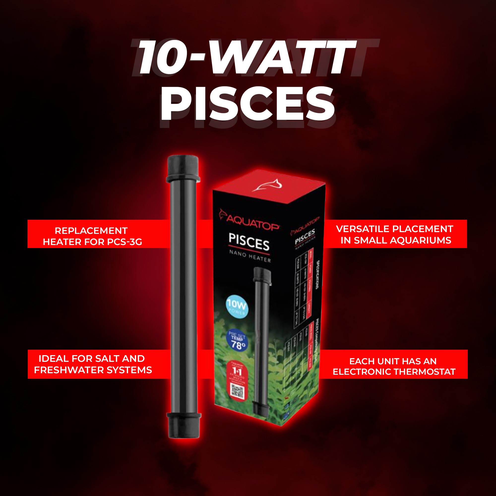 Aquatop 10W Pisces Nano Heater - Fully Submersible For Nano Fish Tanks Up To 3 Gallons Preset 78F Electric Thermostat Heat-Resis