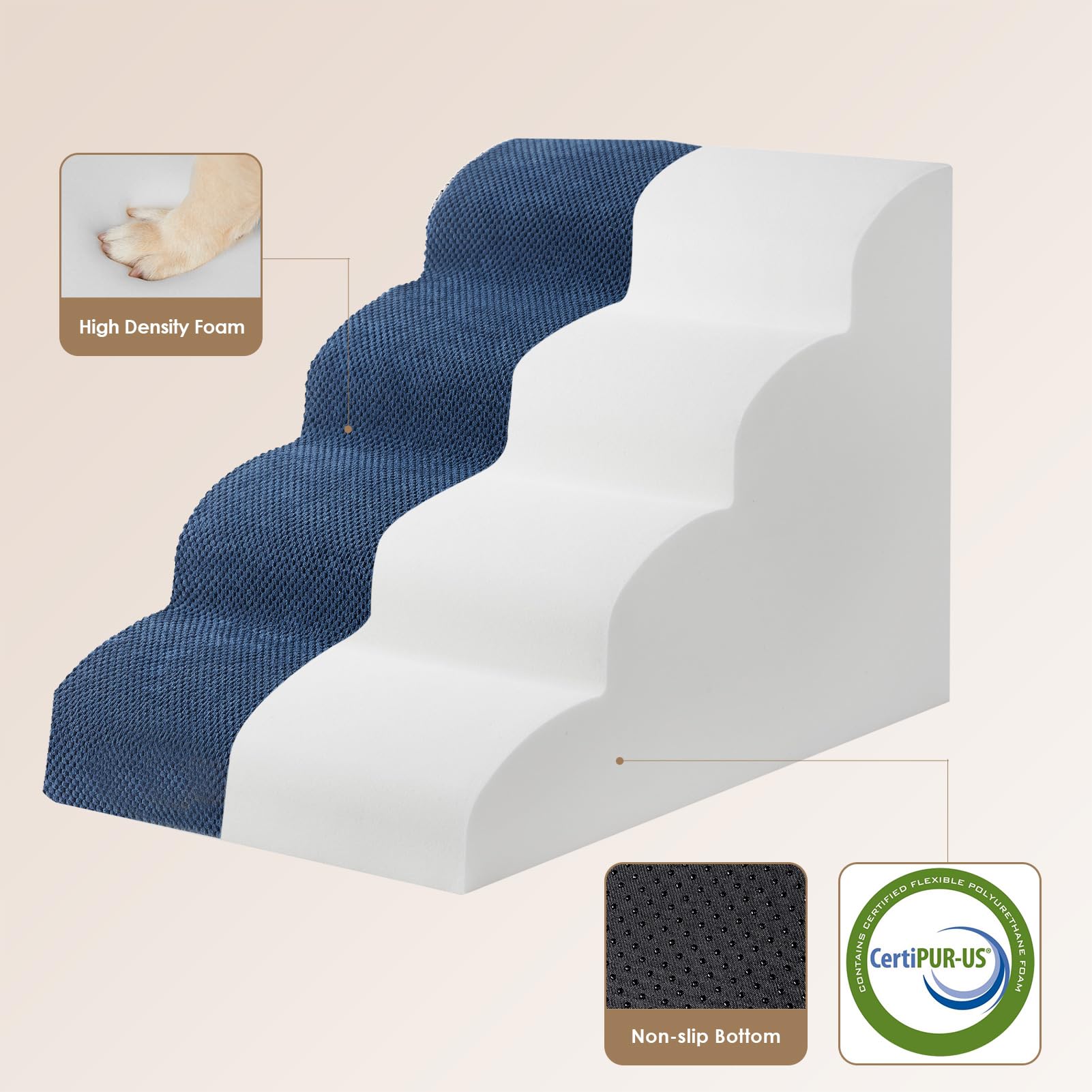Eheyciga Curved Dog Stairs Ramp For High Beds 19.7' H, 4-Step Dog Steps For Small Dogs And Cats, Pet Stairs For High Bed Climbing, Non-Slip Balanced Pet Step Indoor, Navy