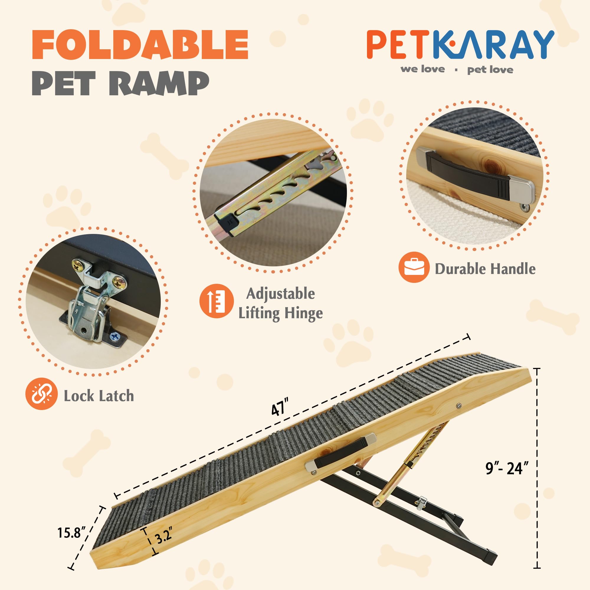 Petkaray Dog Ramp For Bed, Indoor Dog Step For Couch, Folding Portable Stairs For Small Medium Large Dogs, 47'' Long Adjustable