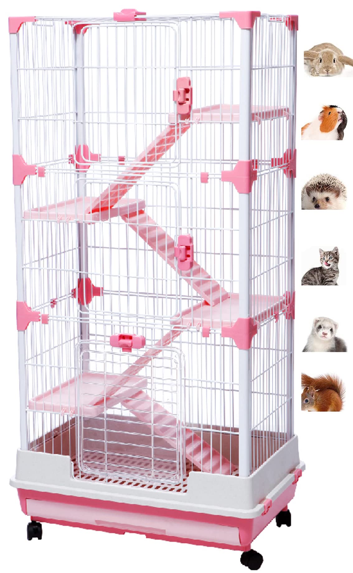X-Large Pink Deluxe Muli-Level Indoor Rabbit Hutch Cage For Ferret Squirrel Chinchilla Solid Platform Ramp Paw Safe Mesh Floor P